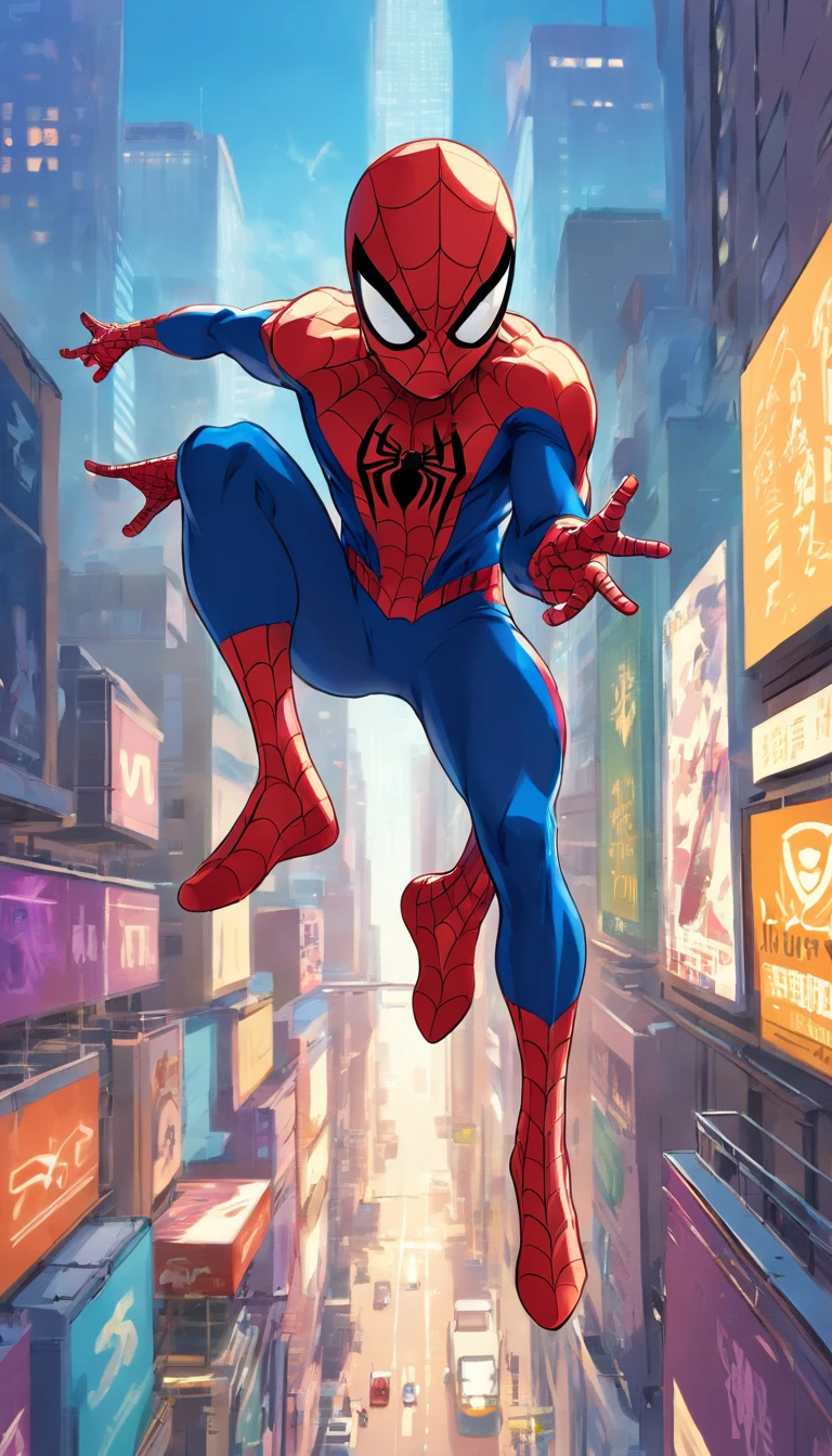 Spider-Man, in the style of Studio Mir, Jumping from off a rooftop, web swinging through a city, Dynamic action pose, 2K resolution, golden spider emblem on his chest, golden colored web shooters on his wrists, clear blue sky with some clouds, New York cityscape, The legend of Korra style, good complimentary style and contrasting colors, 2D animated look, mask in the style of Marvel’s Spider-Man 2, Clean Web Pattern design on his suit, golden lines around the belt area, leaping.