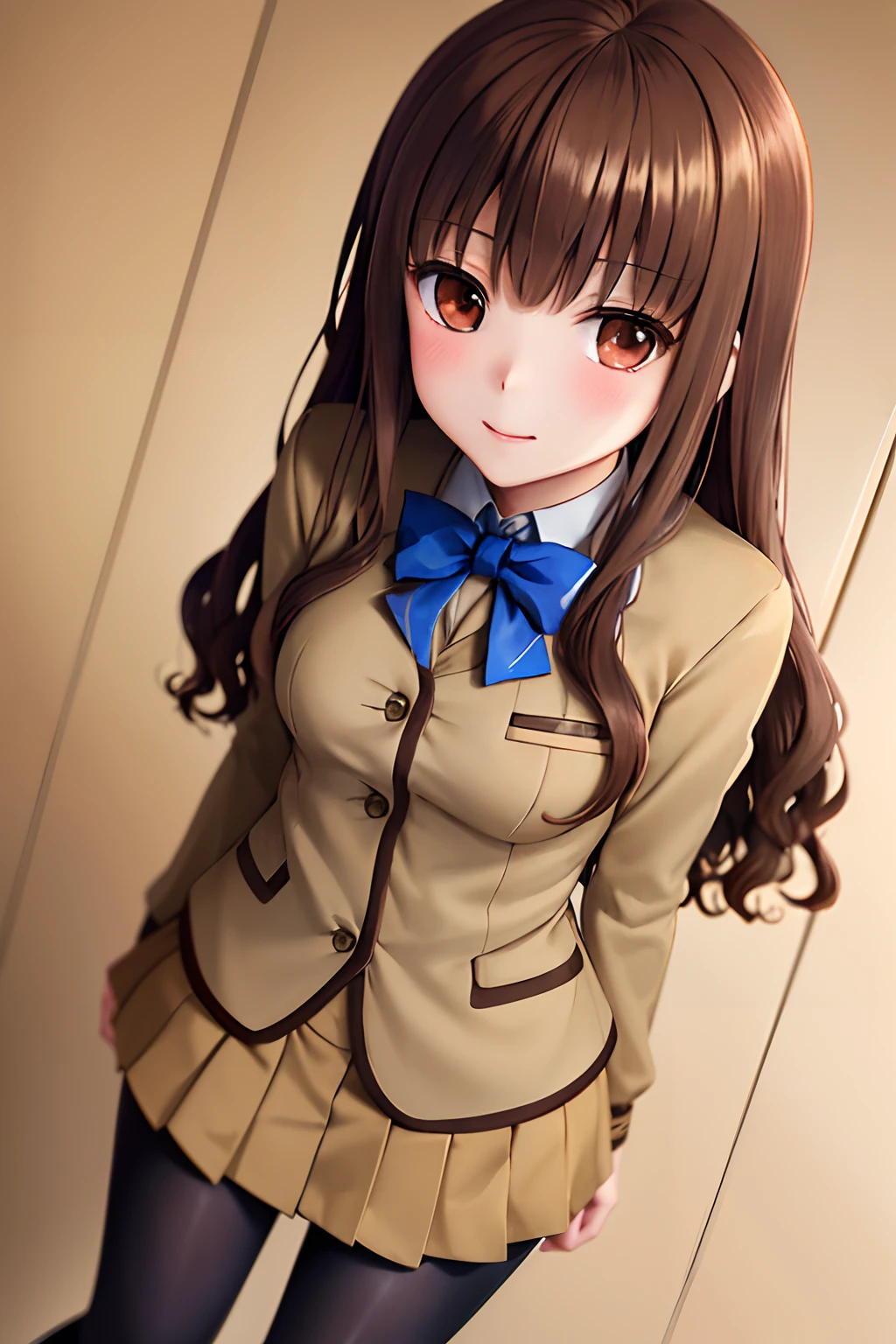 masutepiece, Best Quality, hight resolution, HMKH1, blue bowtie, blue bow, Brown skirt, Brown jacket, Black pantyhose, School uniform, Cowboy Shot, a miniskirt、Opening legs、Viewpoint looking up from the bottom