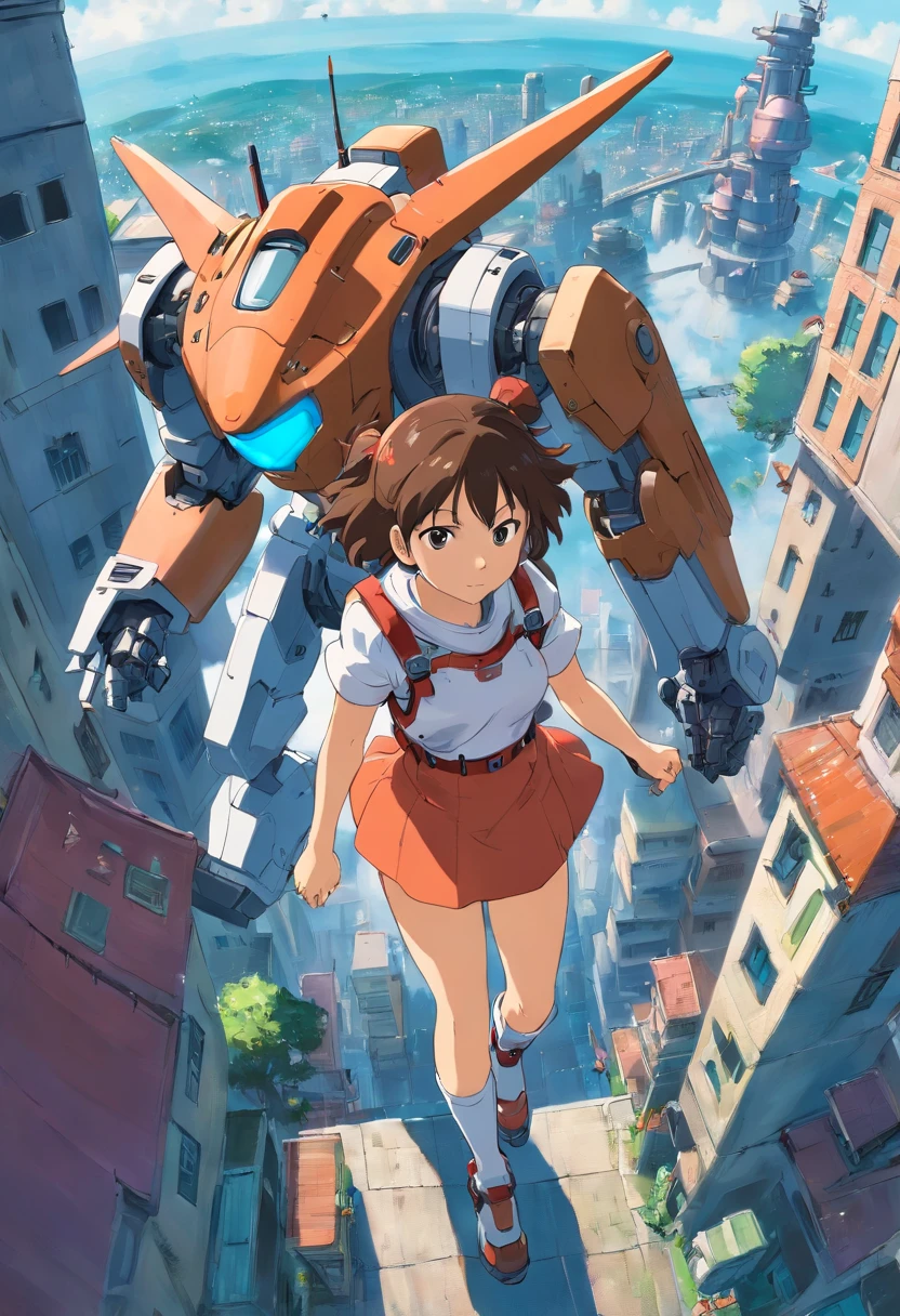 1girl, mecha, city, full body, floating, pov, from above, power armor, dynamic pose,