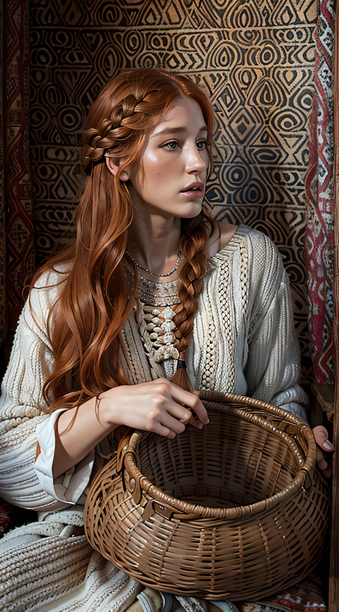 (girl completely nude, Norwegian, redhead with long braided hair, Cozy boho-style interior, Sarah Skoldnes, Realistic photography, Hyperrealism)