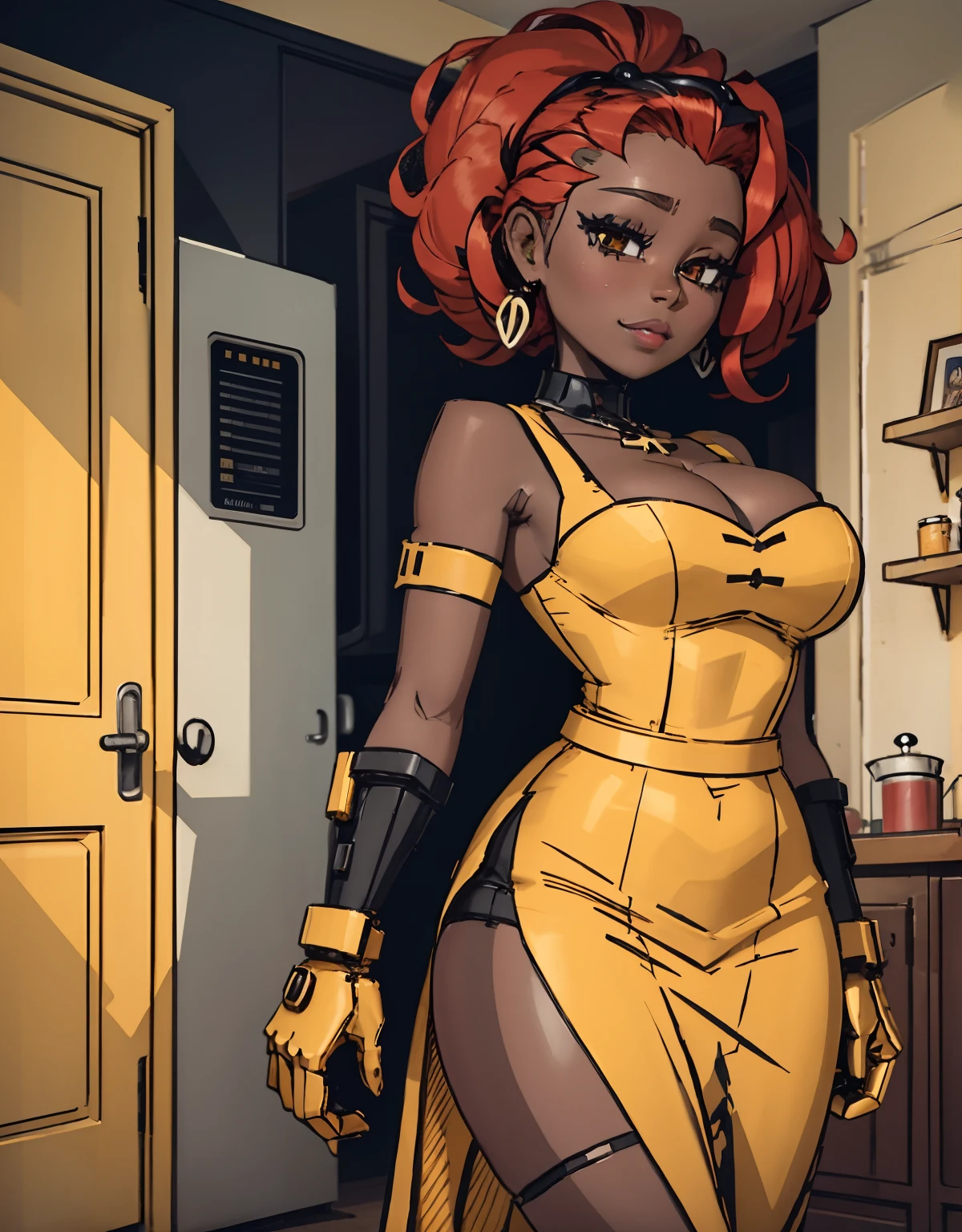 Robot Housewife, saturated colors, milf, red hair, ahoge, dark skin, brown eyes, yellow dress, lipstick, mechanical hands, doll case