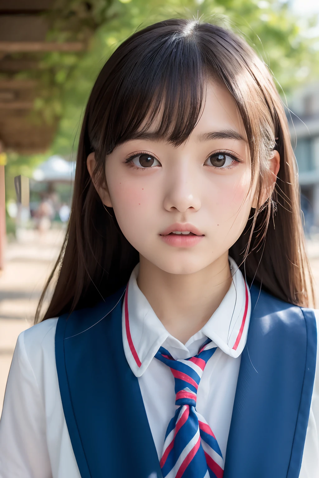 Beautiful 18 year old Japanese female), cute face, (deeply carved face:0.7), (freckles:0.6), soft light,healthy white skin, shy, (serious face), (sparkling eyes), thin, smile, uniform, Braid