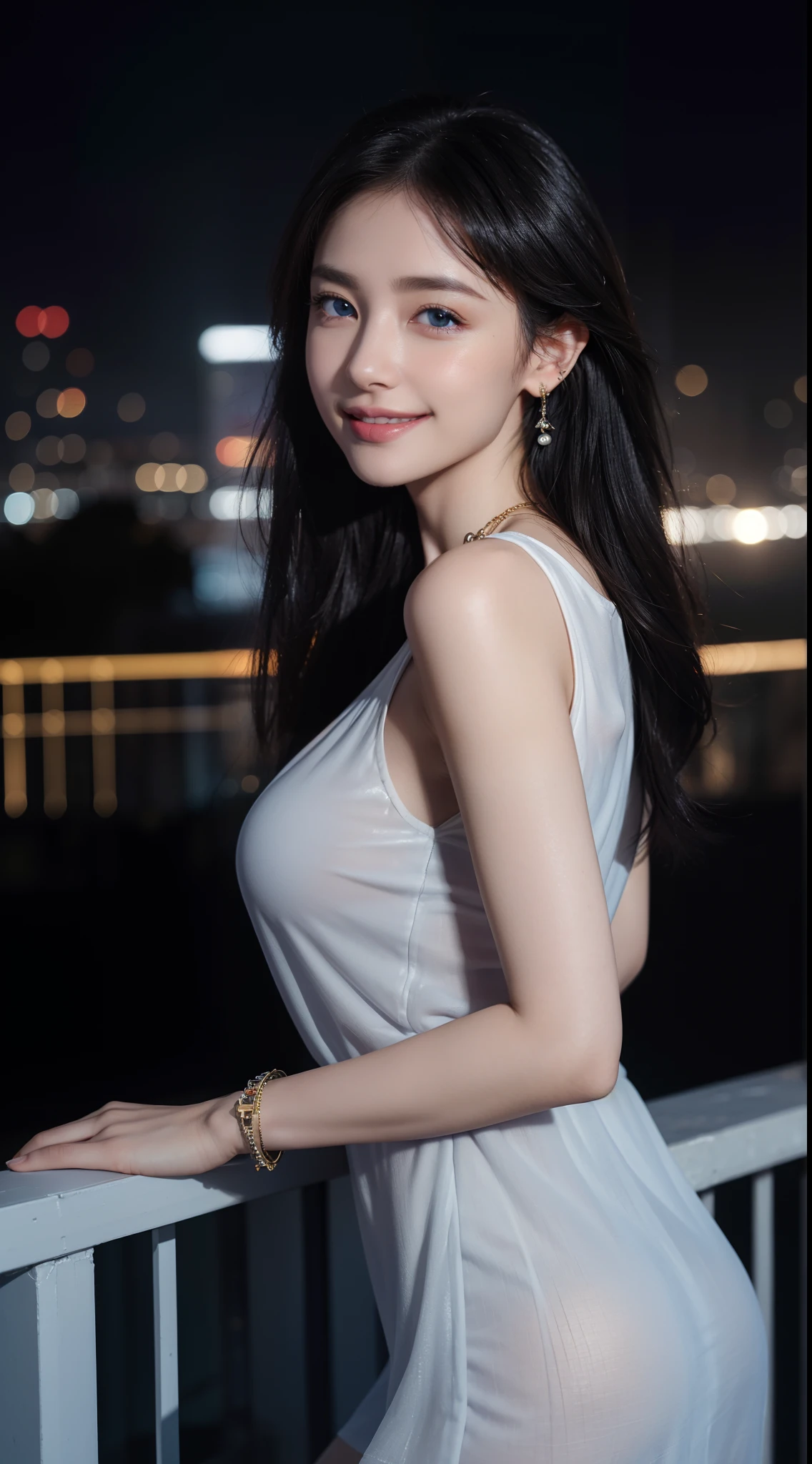 8k, masterpiece, RAW photo, best quality, photorealistic, extremely detailed CG unity 8k wallpaper, Depth of field, Cinematic Light, Lens Flare, Ray tracing, (extremely beautiful face, beautiful lips, beautiful eyes), intricate detail face, ((ultra detailed skin)) 1girl, in the dark, deep shadow, pretty asian girl, ((looking at viewer)),(big smile), (blurry background), midnight, (pretty girl), earrings, bracelets, necklace, clear eyes, (pale skin), face forward, (big eyes), (looking at viewer), large breasts ,((smile)), rooftop, dim lights, ((night)), cityscape, blue eyes, golden dress, mini dress, open breast, veranda, very slim, (medium butt), see through dress