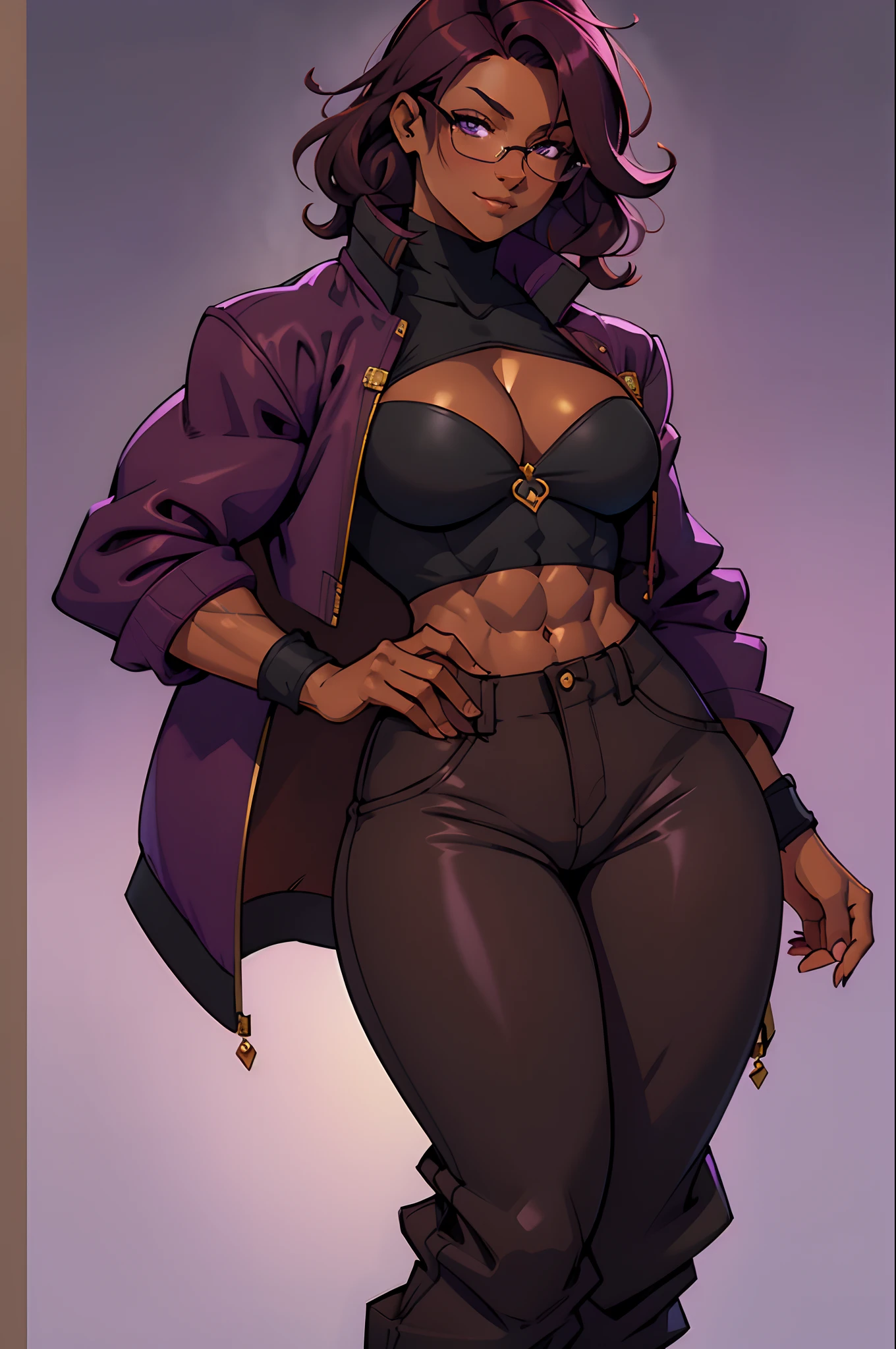 Solo, female, black turtleneck tunic, fantasy outfit, fantasy village, short plum colored hair, wavy hair, messy hair, (dark tan skin), glasses, (cropped chocolate jacket), athletic, slightmuscle, slightly muscular, ((baggy pants)), plum colored cloak, smirking slightly, purple eyes, cleavage