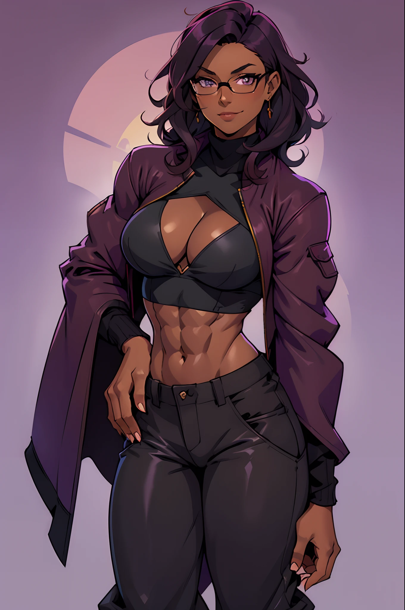 Solo, female, black turtleneck tunic, fantasy outfit, fantasy village, short plum colored hair, wavy hair, messy hair, (dark tan skin), glasses, (cropped chocolate jacket), athletic, slightmuscle, slightly muscular, ((baggy pants)), plum colored cloak, smirking slightly, purple eyes, cleavage