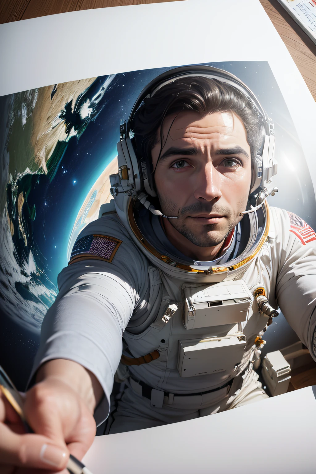 astronauta segurando folha de papel, aquarela, realista, fotorealista, 4k