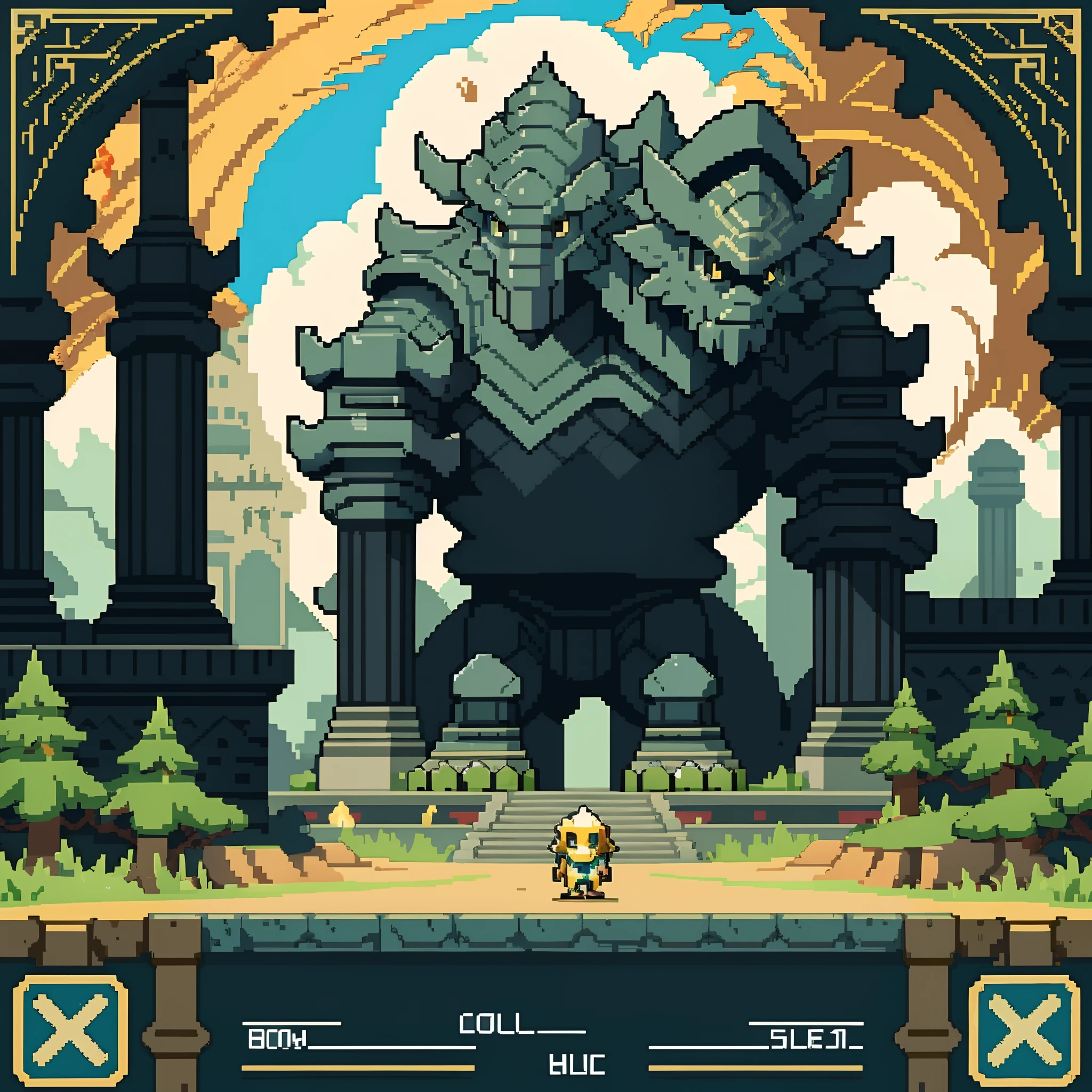 a picture taken from a video game of a giant creature in a city, beautiful detailed pixel art, detailed pixel artwork, detailed pixel art, 2 d digital video game art, ultra detailed game art, videogame art, shadow of the colossus, high quality pixel art, epic video game art, 32-bit pixel art, side - scrolling 2 d platformer,