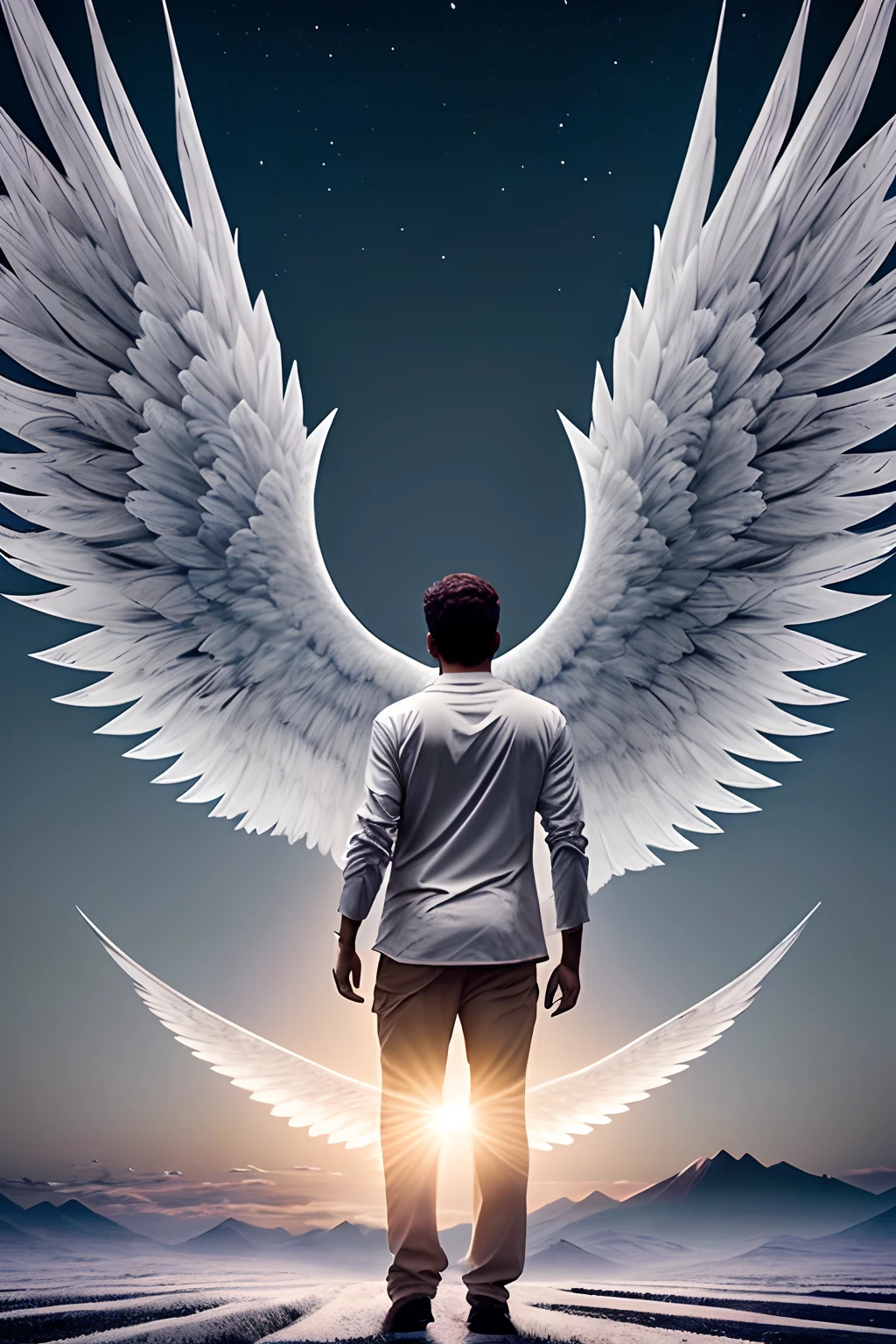 imagem de um .anjo masculino suspenso no ar no. fundo da imagem uma paisagem infernal
