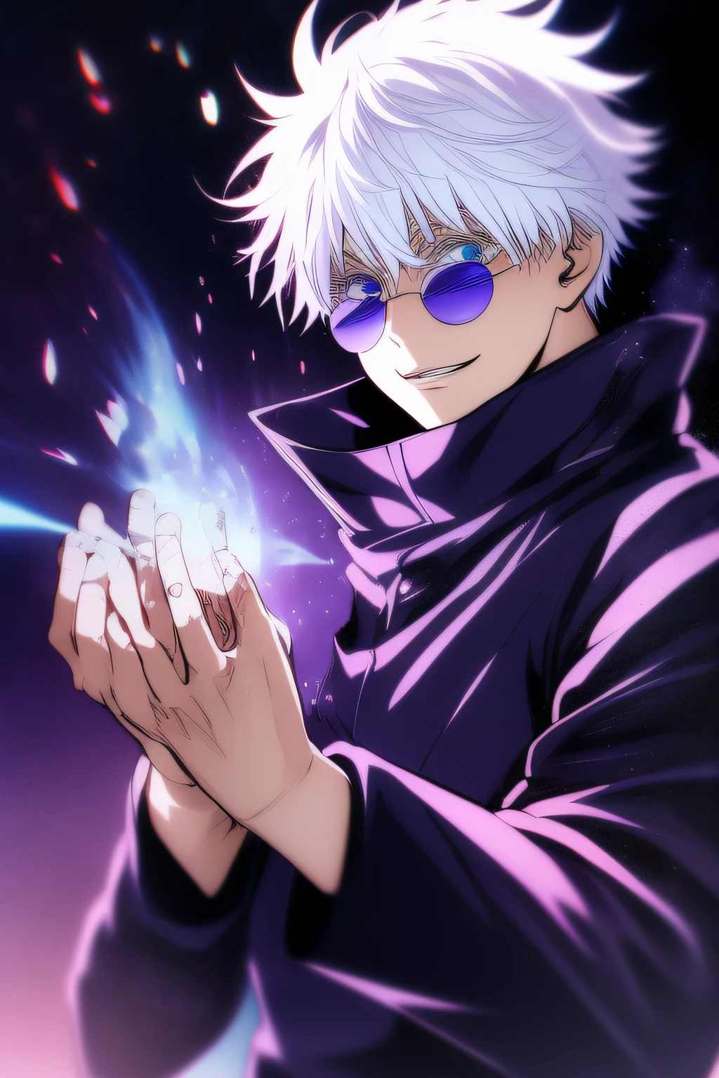 ((High detail、Cinematic lighting))、Messy white hair、Aquamarine eyes、White lashes、god rays、Ray tracing、drop shadow、optical illusion、Haut du corps、Looking at the camera、Masterpiece、((Super Detail、Best Quality、8K))、Jujutsu Kaisen、Gojo Gojo、Black attire、Surgical unfolding、Perfect jet black background、serene look、powerful being、Mystical atmosphere、(Strange moonlight、ominous shadows、 Intense blue aura、 Intense red aura、Symbol of the power that surrounds him、Radiating magical energy、Mystical artifacts、Ether particles、dinamic pose、Epic soundtrack、A sense of awe、(((Detailed hand)))、sunglass