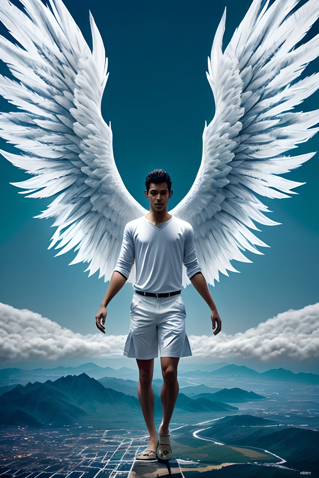 imagem de um .anjo masculino suspenso no ar no. fundo da imagem uma paisagem infernal