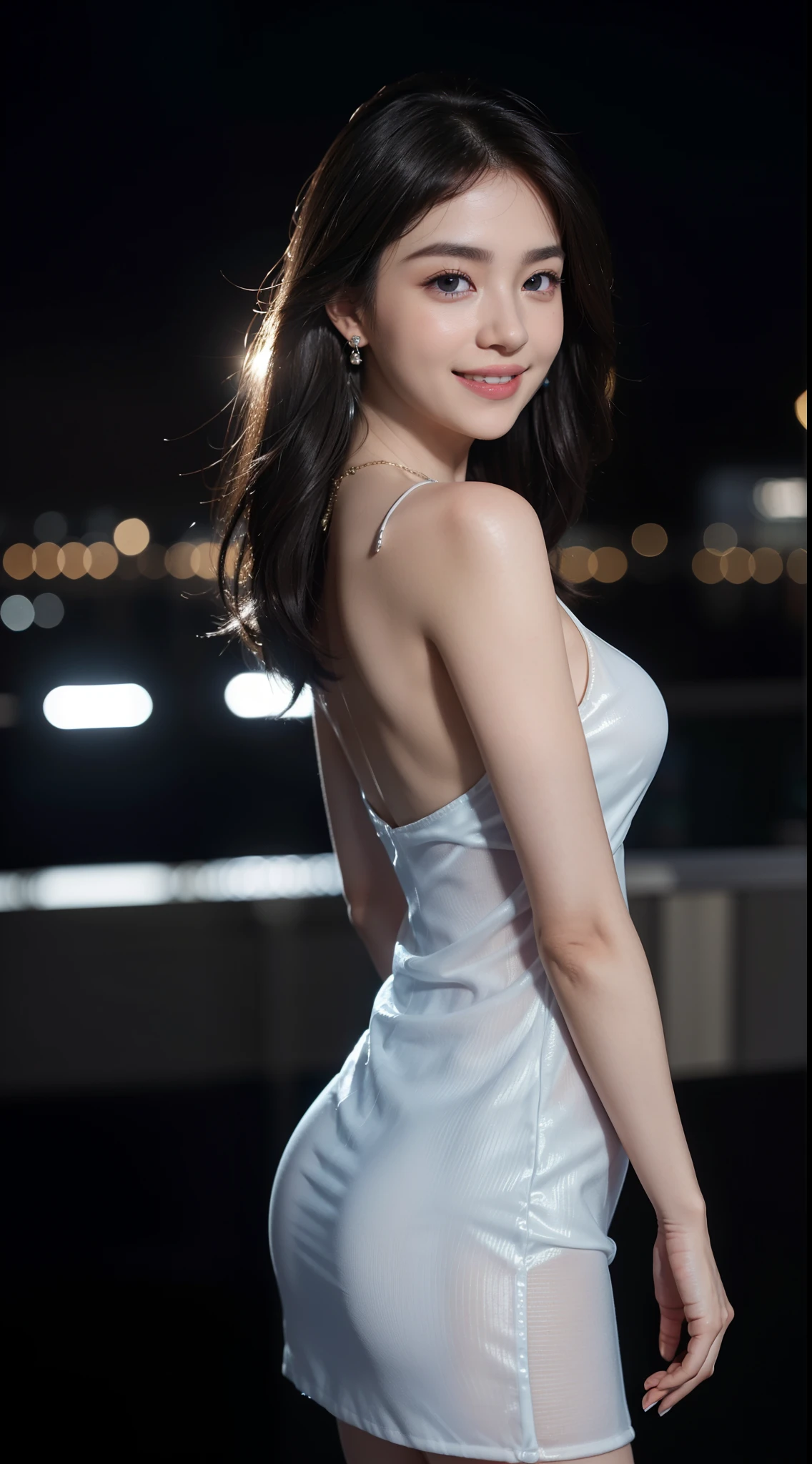8k, masterpiece, RAW photo, best quality, photorealistic, extremely detailed CG unity 8k wallpaper, Depth of field, Cinematic Light, Lens Flare, Ray tracing, (extremely beautiful face, beautiful lips, beautiful eyes), intricate detail face, ((ultra detailed skin)) 1girl, in the dark, deep shadow, pretty asian girl, ((looking at viewer)),(big smile), (blurry background), midnight, (pretty girl), earrings, bracelets, necklace, clear eyes, (pale skin), face forward, (big eyes), (looking at viewer), large breasts ,((smile)), rooftop, dim lights, ((night)), cityscape, blue eyes, golden dress, mini dress, open breast, veranda, very slim, (medium butt), see through dress, thick thighs
