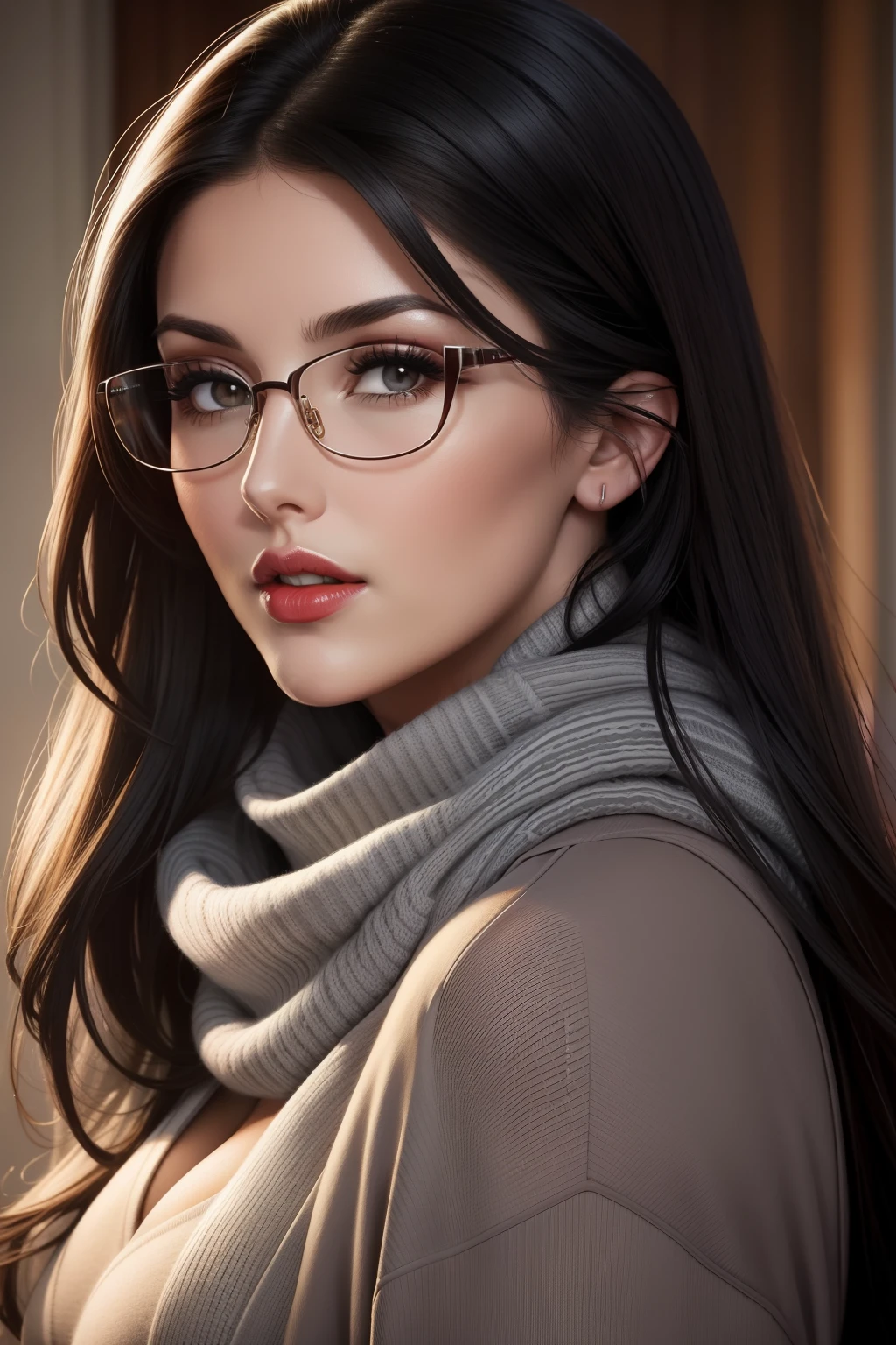 Lucy Pinder, Face portrait, face, neckline, red lipstick, mouth wide open, straight hair, black hair, long hair, glasses, gray sweater, gray scarf.