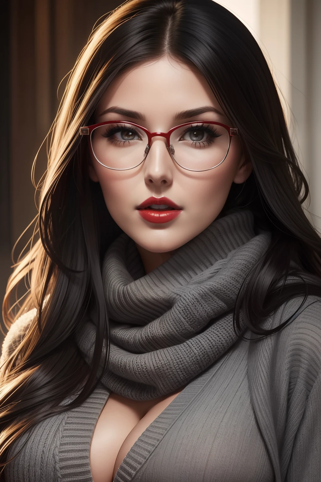 Lucy Pinder, Face portrait, face, neckline, red lipstick, mouth wide open, straight hair, black hair, long hair, glasses, gray sweater, gray scarf.