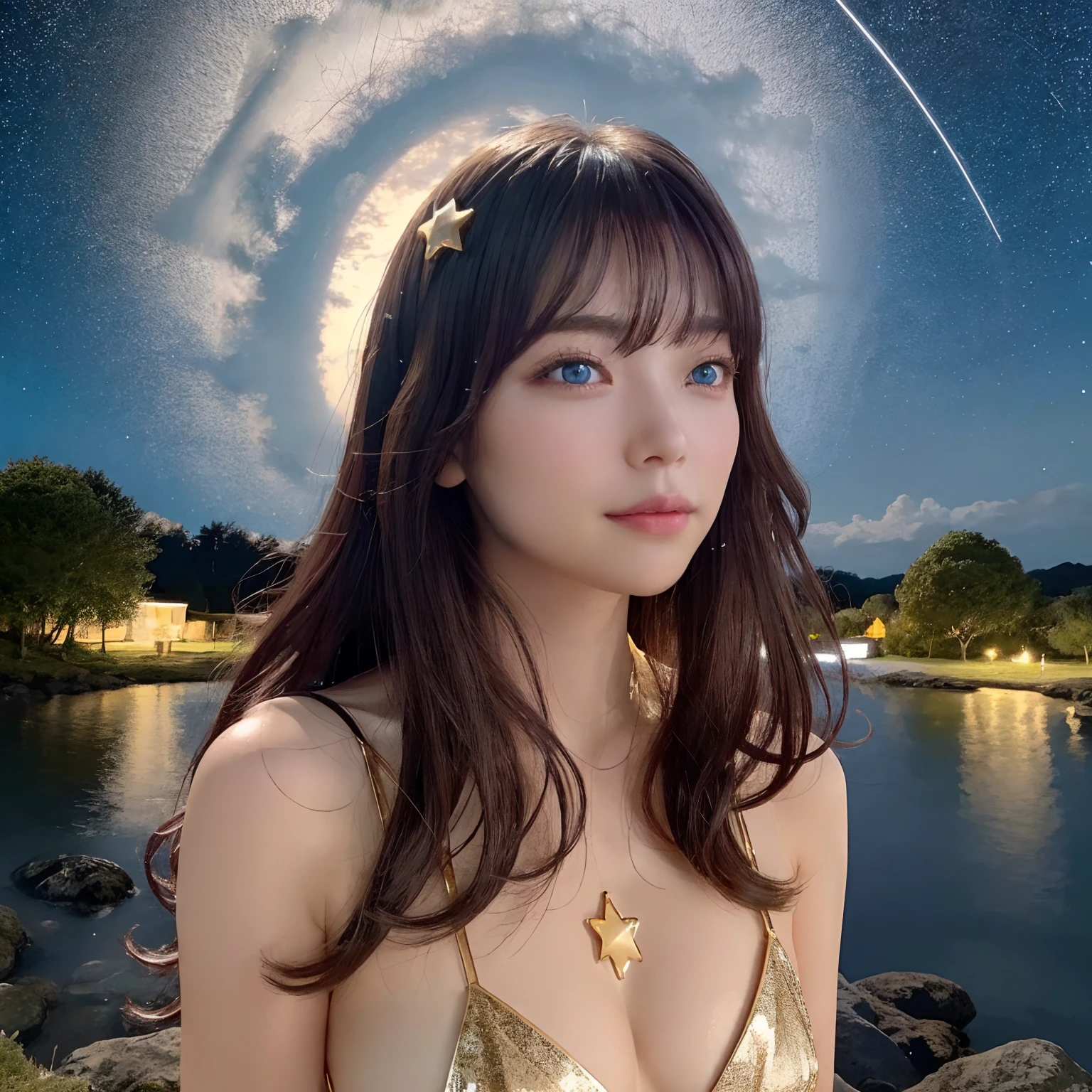 girl, fullnude、It's in the corner, Looking at the sky, Solo, hair between eye, Star (symbol), Long hair, Dark purple hair, Twin-tailed, Blue eyes, Shining eyes, Bangs, landscape, nigh sky, Star (skyporn), Starry sky, Night, plein air, Clouds, reflection, Water, Magic, tarot, water magic, ((Beautiful Golden Crystal Star)),  spaces, Water droplets, Splash