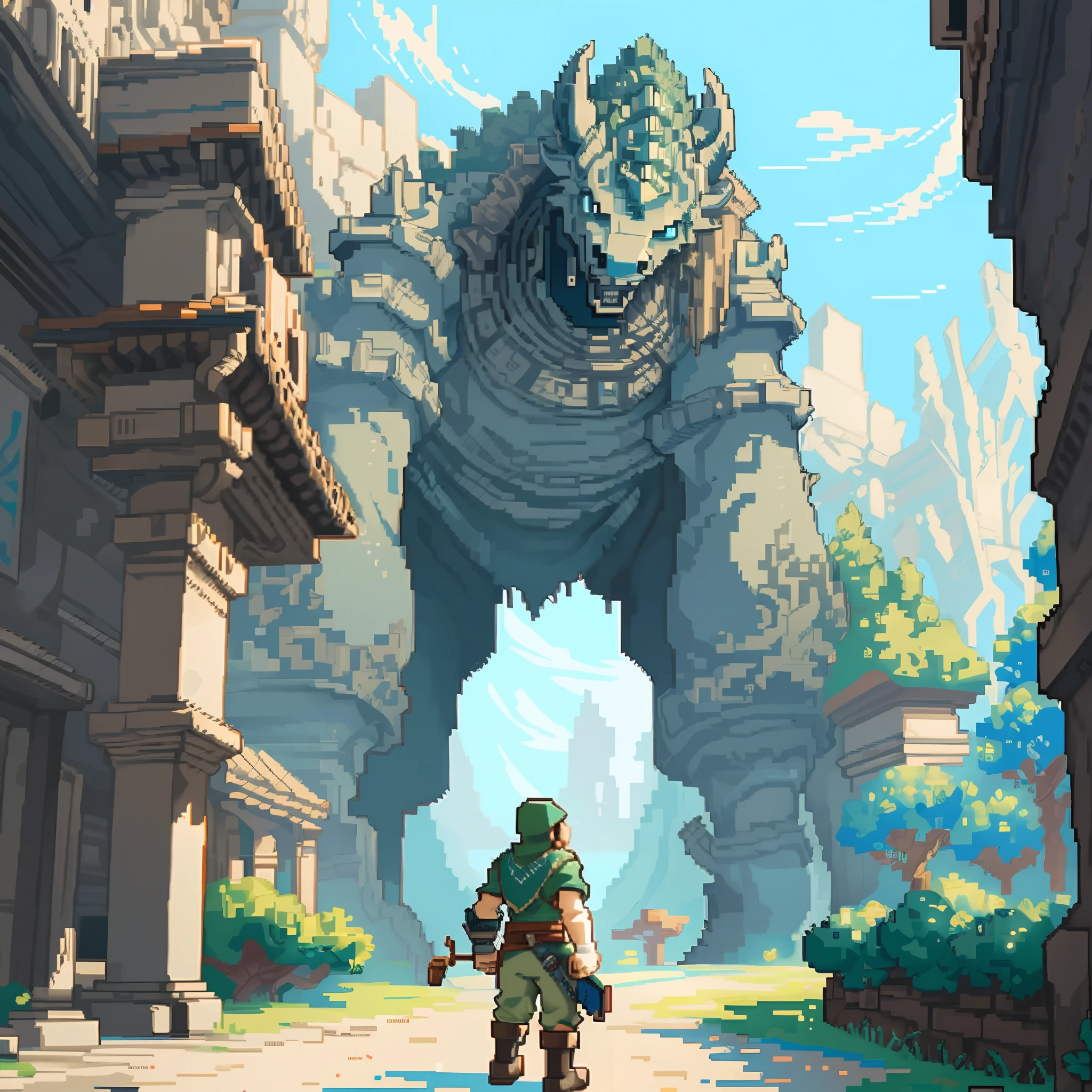 a picture taken from a video game of a giant creature in a city, beautiful detailed pixel art, detailed pixel artwork, detailed pixel art, 2 d digital video game art, ultra detailed game art, videogame art, shadow of the colossus, high quality pixel art, epic video game art, 32-bit pixel art, side - scrolling 2 d platformer,