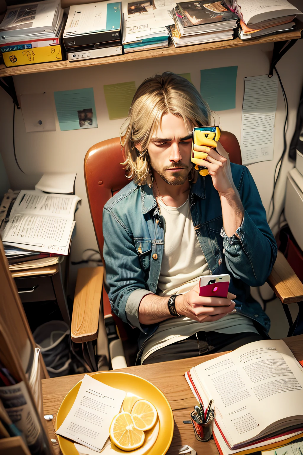 Kurt Donald Cobain, who is staying in Tokyo Japan on tour, wakes up the band members on his iPhone。The desk is littered with lemon sour