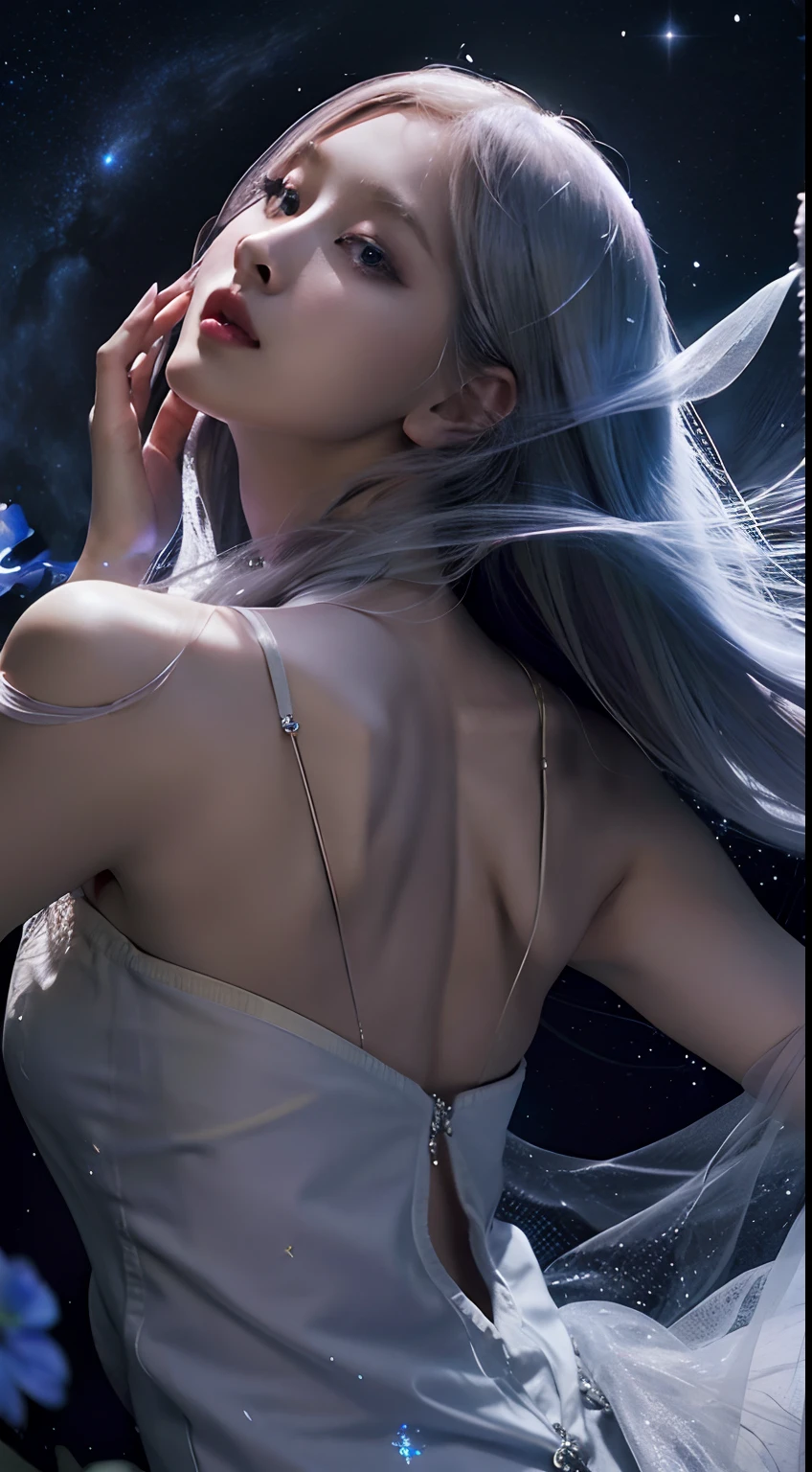 (best quality,4k,8k,highres,masterpiece:1.2),ultra-detailed,realistic:1.37,girl,beautiful dress,galaxy background,sparkling stars,ethereal atmosphere,vibrant colors,elegance,mystical,celestial,moonlight,reflection,flowing fabric,graceful pose,gentle expression,cosmic energy,distant galaxies,dazzling beauty,serene,stellar glow,celestial emissary,alluring,hovering,stellar dust,enchanted garden,starlit night,sheer elegance,astral silhouette,seamless blend,gossamer veil,interstellar journey,effortless beauty,luminous radiance,floating petals,celestial goddess,dreamlike grace,fashion statement,cosmic enchantress,long flowing hair