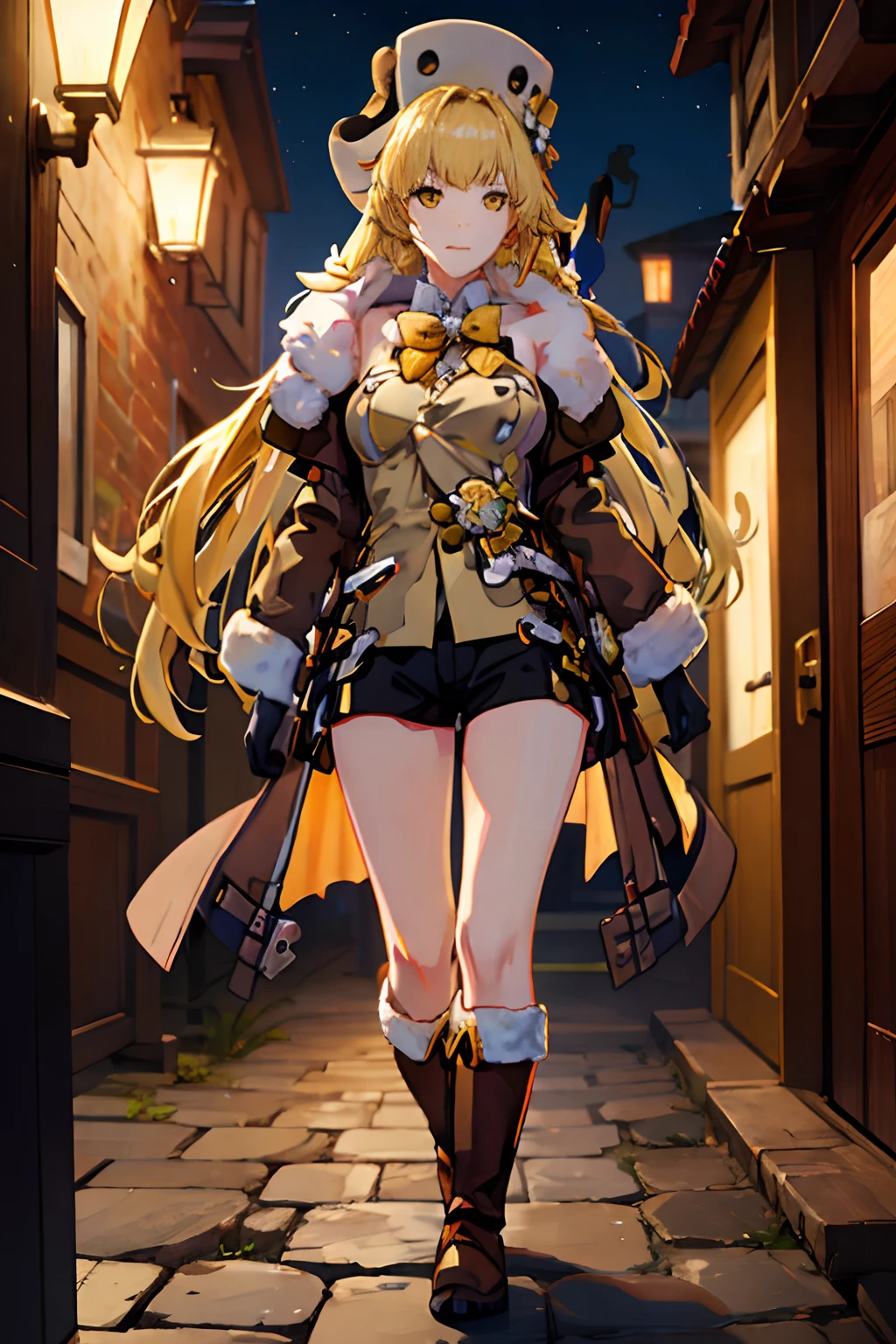 masterpiece, best quality, ((hook)), blonde hair, (yellow hair), gloves, yellow eyes, boots, 1girl, (fur trim), (jacket), bangs, bow, (fur hat), (shorts), looking at viewer, long hair, walking, solo focus, brown gloves, brown footwear, open clothes, long sleeves, full body, bowtie, tight shirt, (open jacket), (brown shorts), (brown jacket), (adult body), divine proportions, accurate proportions, large breasts, (sexy), (long sexy legs), slim build, tall, arched back, leg strap, angry, tsundere, dark alley, night, (cobblestone streets), soft orange lighting, dynamic perspective, night life, (8k), (best quality), (masterpiece: 1.2), (realistic), (photorealistic: 1.37), ultra detailed, one girl, viewer watching, full body, 28 years old.