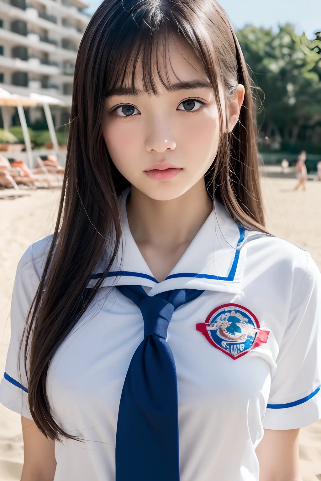 (At the resort beach:1.5)、full body Esbian、((are visible in high school girl uniform:1.3))、(masterpiece、top-quality) 、Soft lighting、absolutely outstanding image, very extremely beautiful、masterpiece, top-quality,Photos, kawaii、(Colossal tits:1.3)、20 year old girl、(The skin is reddened:1.ung adorable Japan face, dewy skin, close up of face, Young Face, soft portrait shot 8 k, If々Shishi Japan girl realistic young idol、Young cute gravure idol、Young Sensual Gravure Idol、Young gravure idols、model in Japan、out of focus、blur、open-shirt、The shirt is open、Gripping the your、Visible、The shirt is open and the are visible