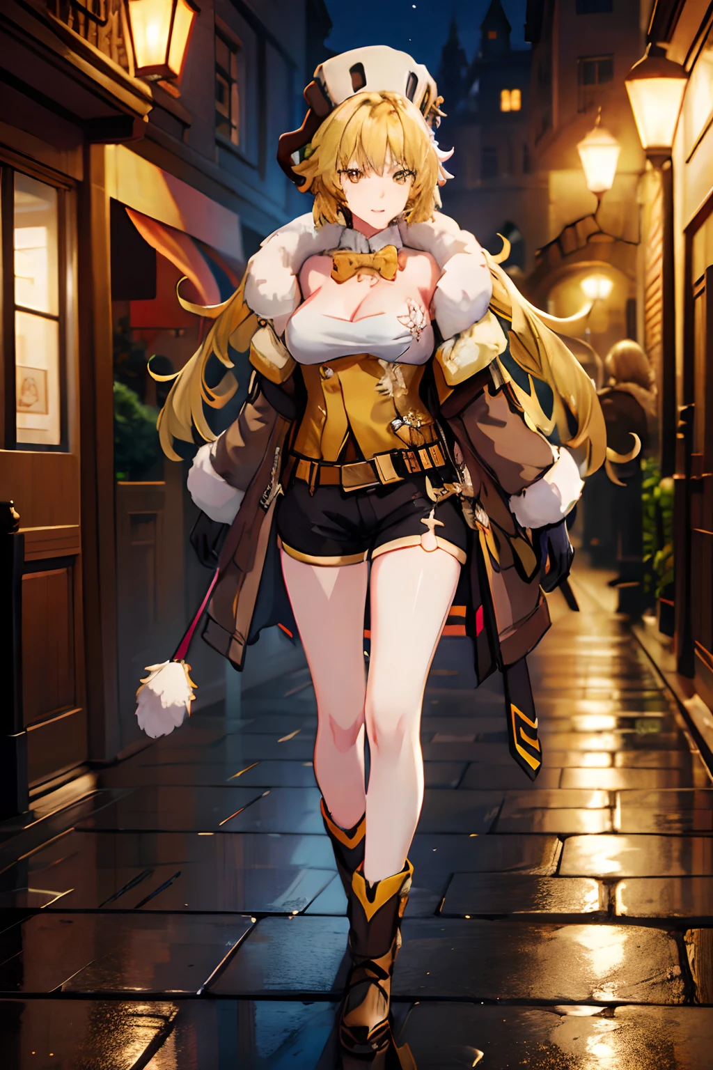 masterpiece, best quality, ((hook)), blonde hair, (yellow hair), gloves, yellow eyes, boots, 1girl, (fur trim), (jacket), bangs, bow, (fur hat), (shorts), looking at viewer, long hair, walking, solo focus, brown gloves, brown footwear, open clothes, long sleeves, full body, bowtie, tight shirt, (open jacket), (brown shorts), (brown jacket), (adult body), divine proportions, accurate proportions, large breasts, (sexy), (long sexy legs), slim build, tall, arched back, leg strap, angry, tsundere, dark alley, night, (cobblestone streets), soft orange lighting, dynamic perspective, night life, (8k), (best quality), (masterpiece: 1.2), (realistic), (photorealistic: 1.37), ultra detailed, one girl, viewer watching, full body, 28 years old.