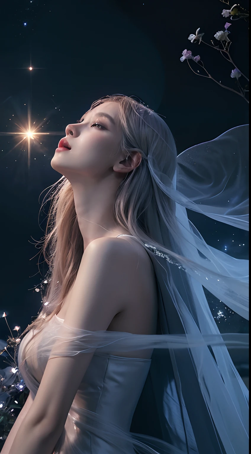 (best quality,4k,8k,highres,masterpiece:1.2),ultra-detailed,realistic:1.37,girl,beautiful dress,galaxy background,sparkling stars,ethereal atmosphere,vibrant colors,elegance,mystical,celestial,moonlight,reflection,flowing fabric,graceful pose,gentle expression,cosmic energy,distant galaxies,dazzling beauty,serene,stellar glow,celestial emissary,alluring,hovering,stellar dust,enchanted garden,starlit night,sheer elegance,astral silhouette,seamless blend,gossamer veil,interstellar journey,effortless beauty,luminous radiance,floating petals,celestial goddess,dreamlike grace,fashion statement,cosmic enchantress,long flowing hair