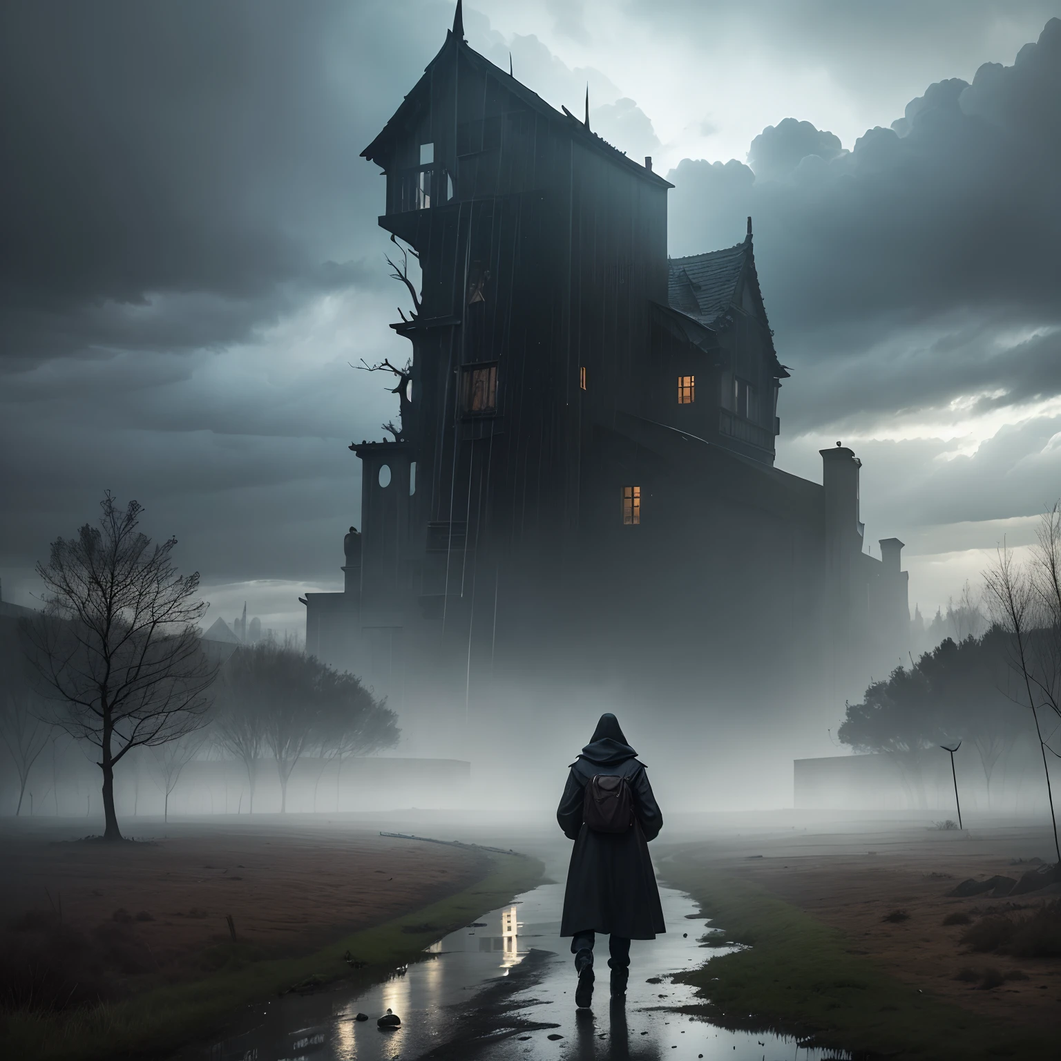 (best quality,4k,8k,highres,masterpiece:1.2),ultra-detailed,(realistic,photorealistic,photo-realistic:1.37),horror,landscape,village scene,dark,stormy sky,heavy rain,dark clouds,thunder and lightning,desolate houses,scarce or no light,vivid colors,dramatic contrast,ominous atmosphere,howling wind,snapping tree branches,menacing shadows,muddy road,torrential downpour,people huddled indoors,fearful expressions,isolated feeling,abandoned objects,rain-soaked leaves,puddles with reflections,water streaming down windows,misty fog,haunting presence,emptiness,resistance,intense anxiety,unpredictable nature,overwhelming power,dark silhouettes,ominous clouds rolling in,destructive force,unrelenting nature,mysterious figures in the distance,broken tree branches