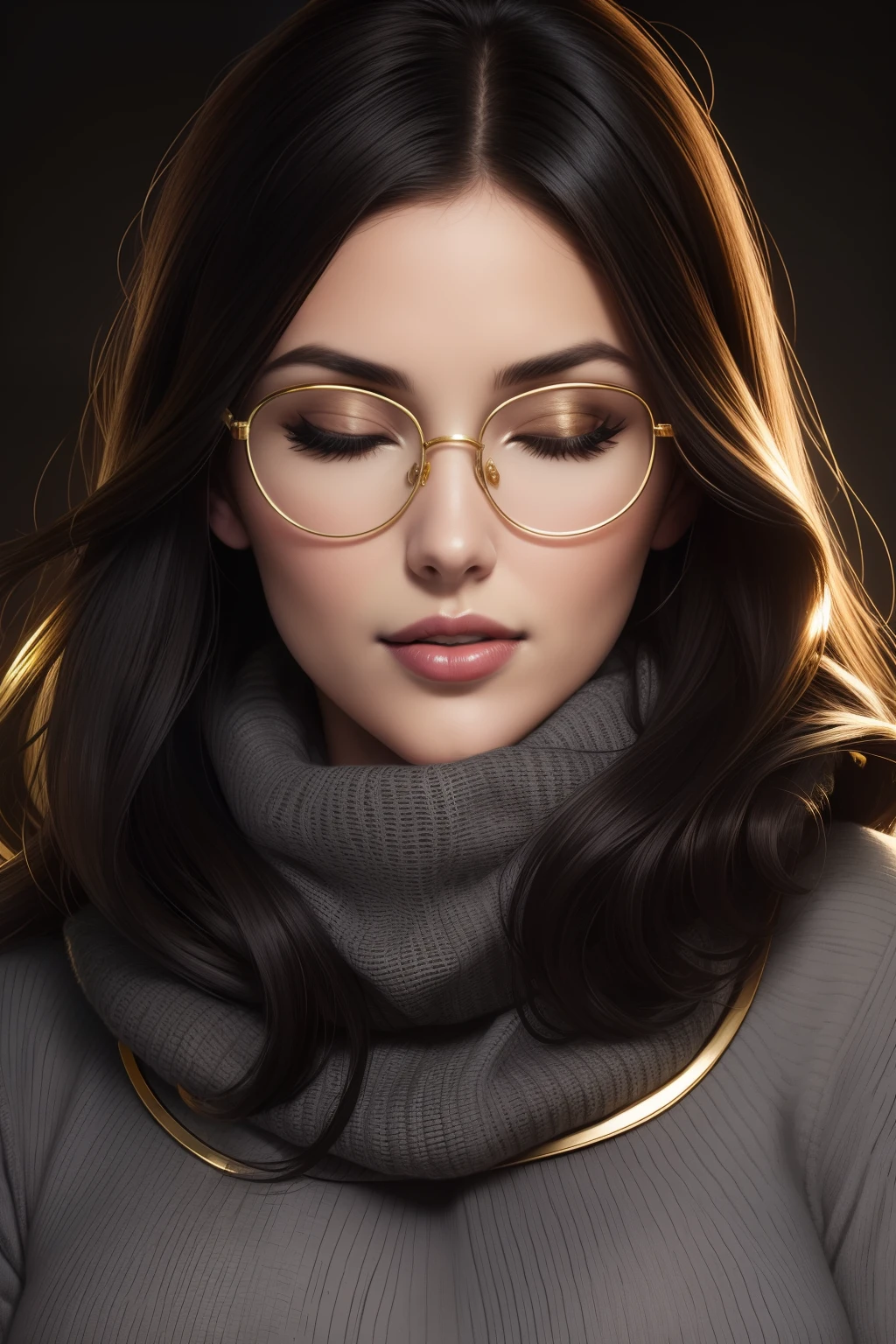 Lucy Pinder, Face portrait, face, neckline, ((Gold lipstick)), mouth wide open, straight hair, black hair, long hair, glasses, gray sweater, gray scarf, eyes closed