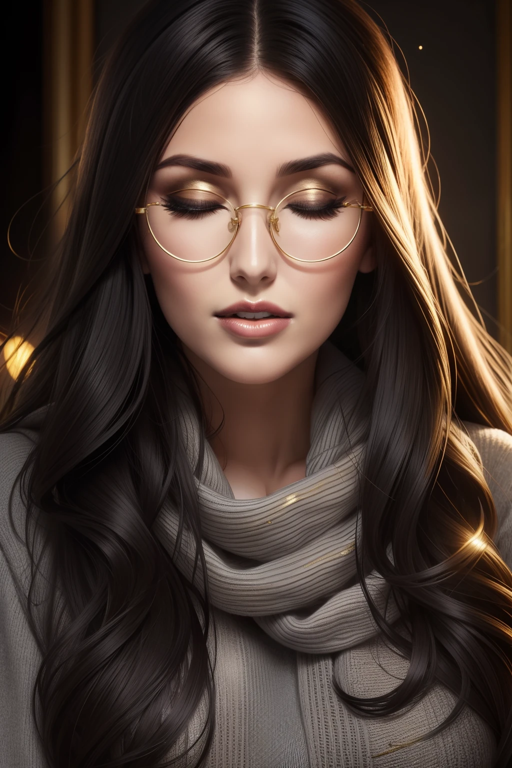 Lucy Pinder, Face portrait, face, neckline, ((Gold lipstick)), mouth wide open, straight hair, black hair, long hair, glasses, gray sweater, gray scarf, eyes closed