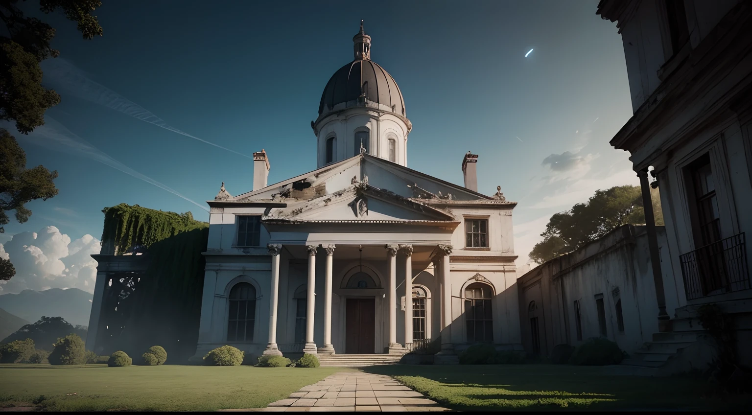 An image of the abandoned mansion featured in the center. The mansion should be represented in shades of gray and black , com janelas quebradas e parcialmente cobertas por sombras sinistras. The mansion must seem to rise up against a starry, overcast night sky. e quatro amigos :Maria, JOHN, Clara, Pedro e Ana imagem realista 4K