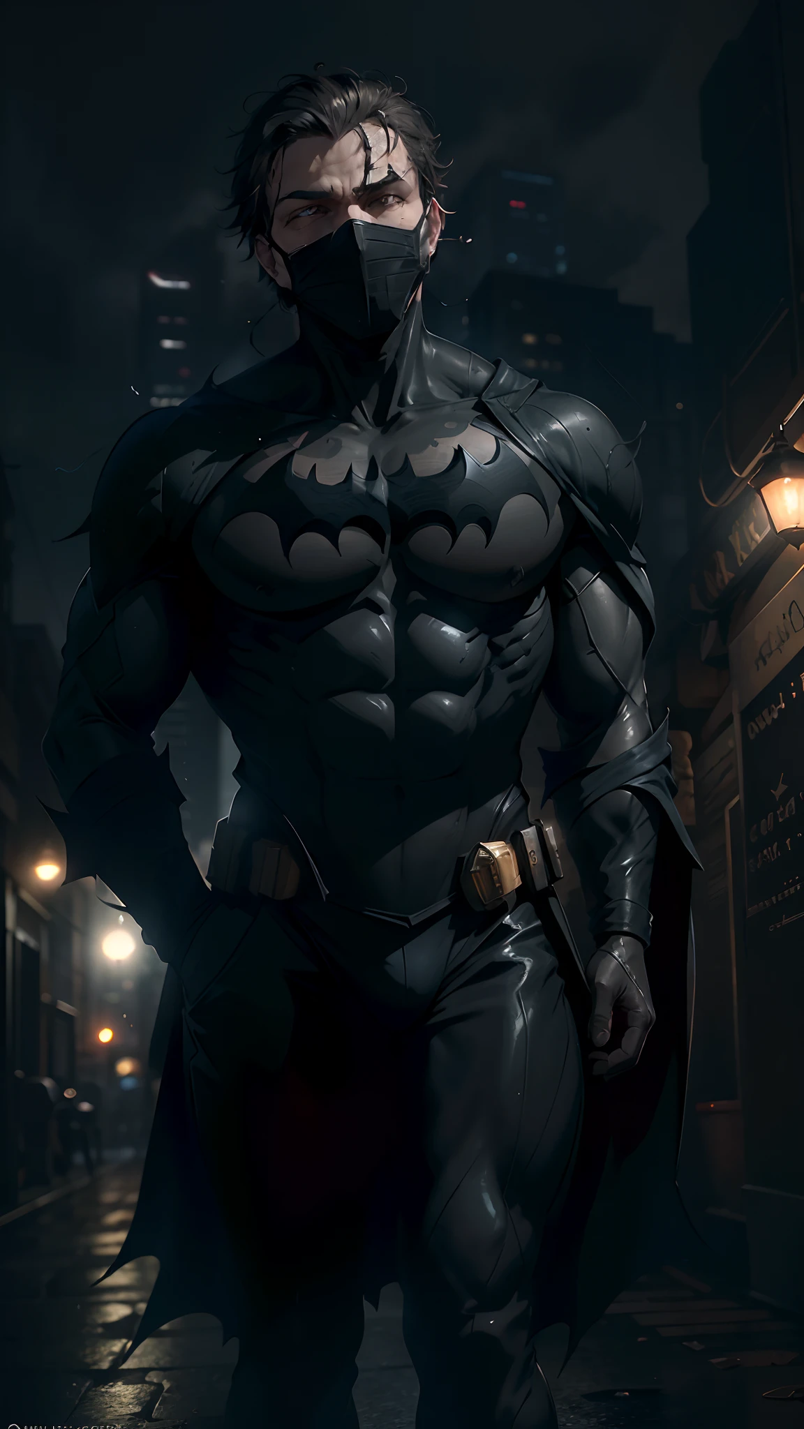 In this striking photograph, Batman stands tall and confident, his iconic cape billowing behind him as a symbol of his unwavering determination. Clad in his sleek, black suit, he exudes an air of mystery and power.
In one hand, he holds a gleaming light bulb, a metaphorical representation of his brilliant mind and innovative spirit. The light bulb emits a soft, warm glow, illuminating his surroundings and serving as a beacon of hope in the darkness.
His piercing gaze is focused and intense, revealing the depths of his unwavering resolve. Behind his mask, his eyes reflect a mix of determination and compassion, a reminder of his dual nature as both a fierce protector and a guardian of justice.
The setting of the photograph is a dimly lit urban alleyway, with the shadows playing off the walls and adding an air of intrigue. The rain-soaked pavement reflects the city lights, creating a moody atmosphere that perfectly encapsulates Batman's brooding persona.dark night behind:1.4
Surrounding him are towering skyscrapers, a testament to the urban landscape he tirelessly protects. The city's skyline stretches into the distance, showcasing the vastness of his domain and the countless lives he has dedicated himself to,(mask on face:1.4)
In this photograph, Batman stands as a symbol of hope and inspiration. His confident stance and the light bulb he holds represent his unwavering commitment to shedding light on the darkness, both metaphorically and literally. He serves as a reminder that even in the face of adversity, there is always a flicker of light that can guide us towards a brighter future.,