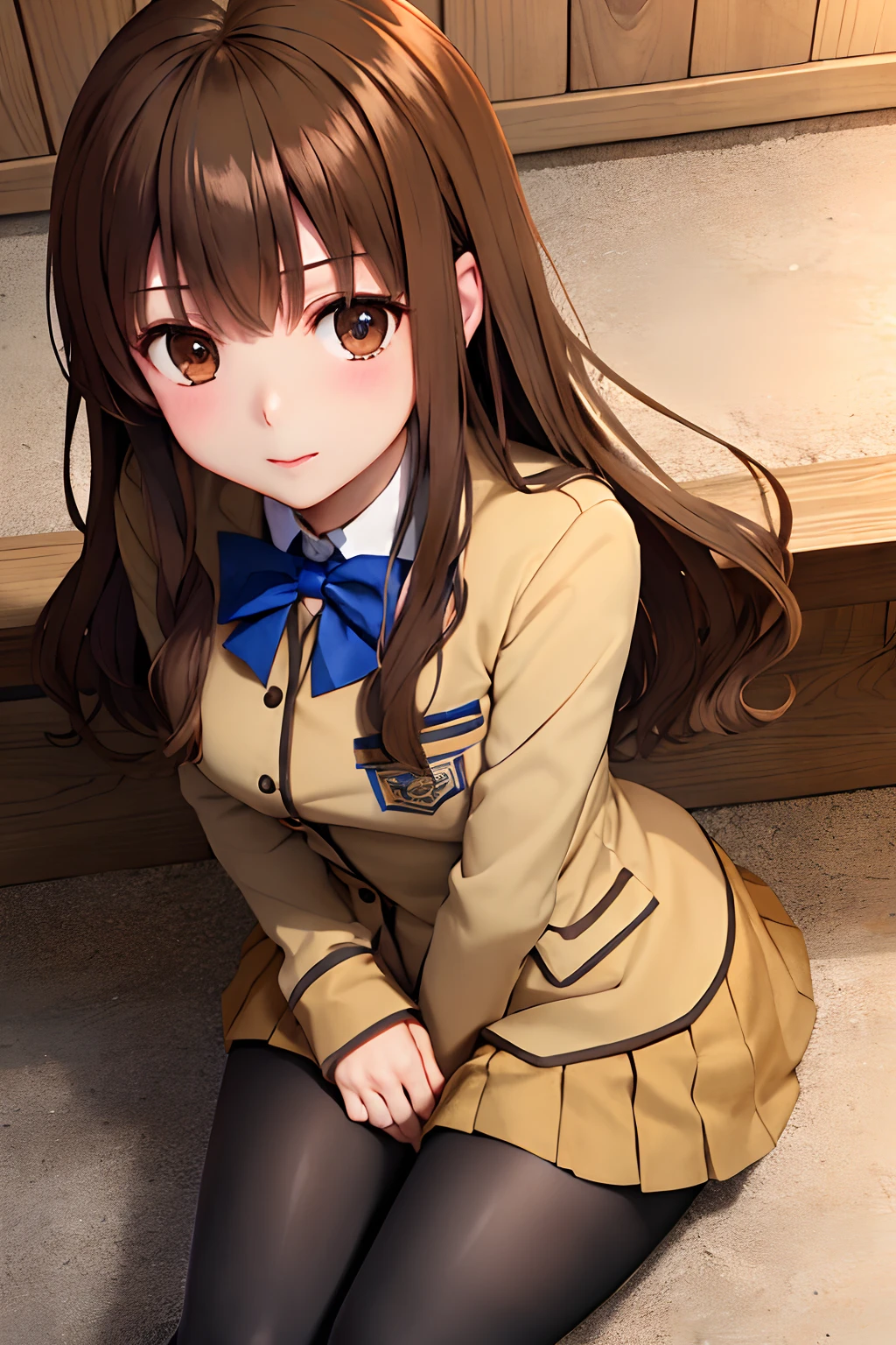 masutepiece, Best Quality, hight resolution, HMKH1, blue bowtie, blue bow, Brown skirt, Brown jacket, Black pantyhose, School uniform, Cowboy Shot, a miniskirt、Opening legs、Viewpoint looking up from the bottom