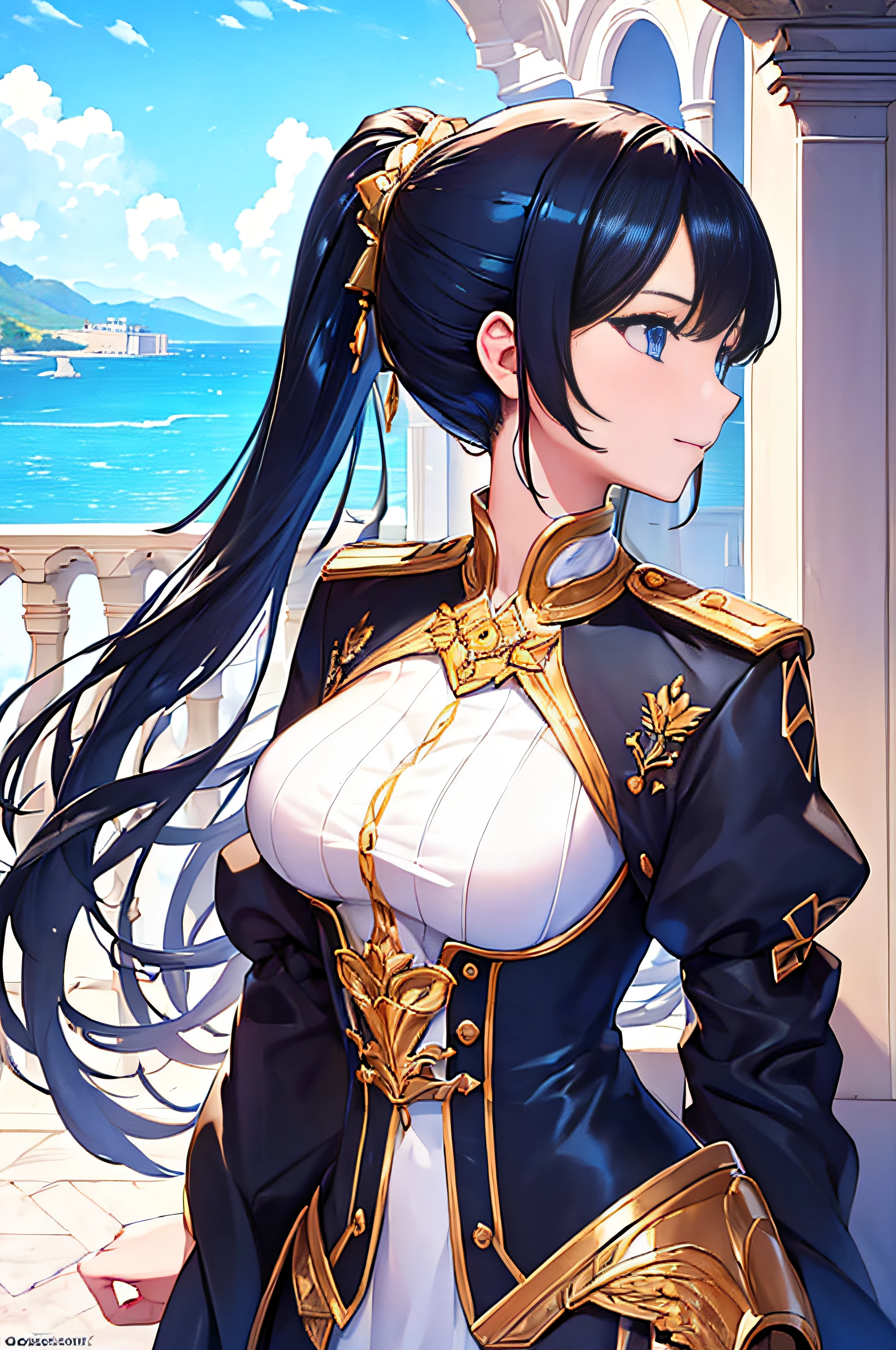 ((work of art)),
((masterpiece)),
((hyper detailed)),
(1girl: 1.5),
(anime girl: 1.5),
slender,
graceful,
light smile,
happy;
(silky black hair: 1.5),
(high ponytail hair: 1.2),
(sapphire blue eyes: 1.4);
(wearing black and white military uniform: 1.5),
(gold details, beautiful: 1.2);
(standing on the balcony of a Renaissance castle: 1.5);
(profile portrait looking at the horizon, American shot: 1.5);
natural light,
spring sun,
early afternoon,
airy and refreshing environment,
sea view;
4k, 8k,
intricate details,
colorful details,
sharp focus