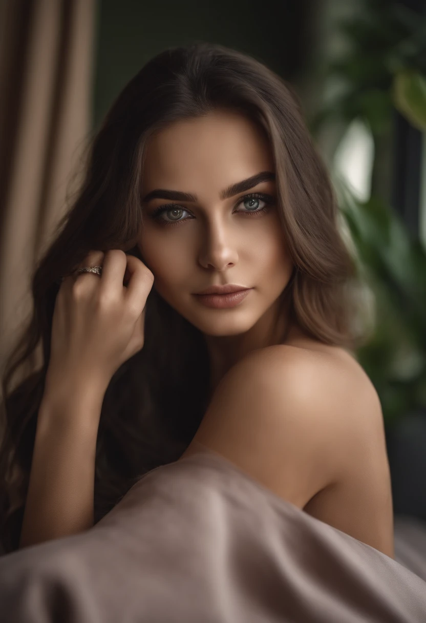 Arafed woman completely , fille sexy aux yeux bruns, grosse poitrine, ultra realist, Meticulously detailed, Portrait Sophie Mudd, cheveux bruns et grands yeux, selfie of a young woman, Dubai Eyes, Violet Myers, sans maquillage, maquillage naturel, looking straight at camera, Visage avec Artgram, Maquillage subtil, Great photo of the whole body kneeling on the bed, dans la chambre, Medium to large bust