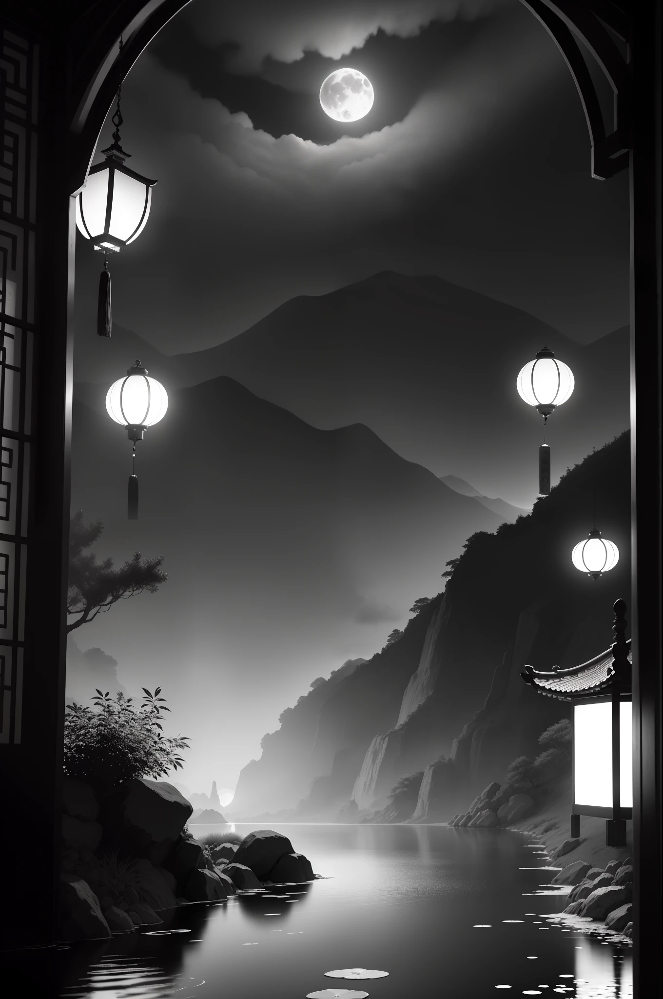 masterpiece,best quality,Chinese martial arts style,an asian night scene with lanterns and water lilies,asian pond with many lanterns and boatsa night scene with many lights and boats in the water, Lake surface, lotus flowers,beautiful night scene,(((Chinese martial arts style))), with vast sky, continuous mountains and steep cliffs, ink wash style, outline light, atmospheric atmosphere, depth of field, mist rising, bamboo, pine trees, octagonal stone pavilion, waterfall flowing water,big full moon,(No color) , Monochrome, light color,