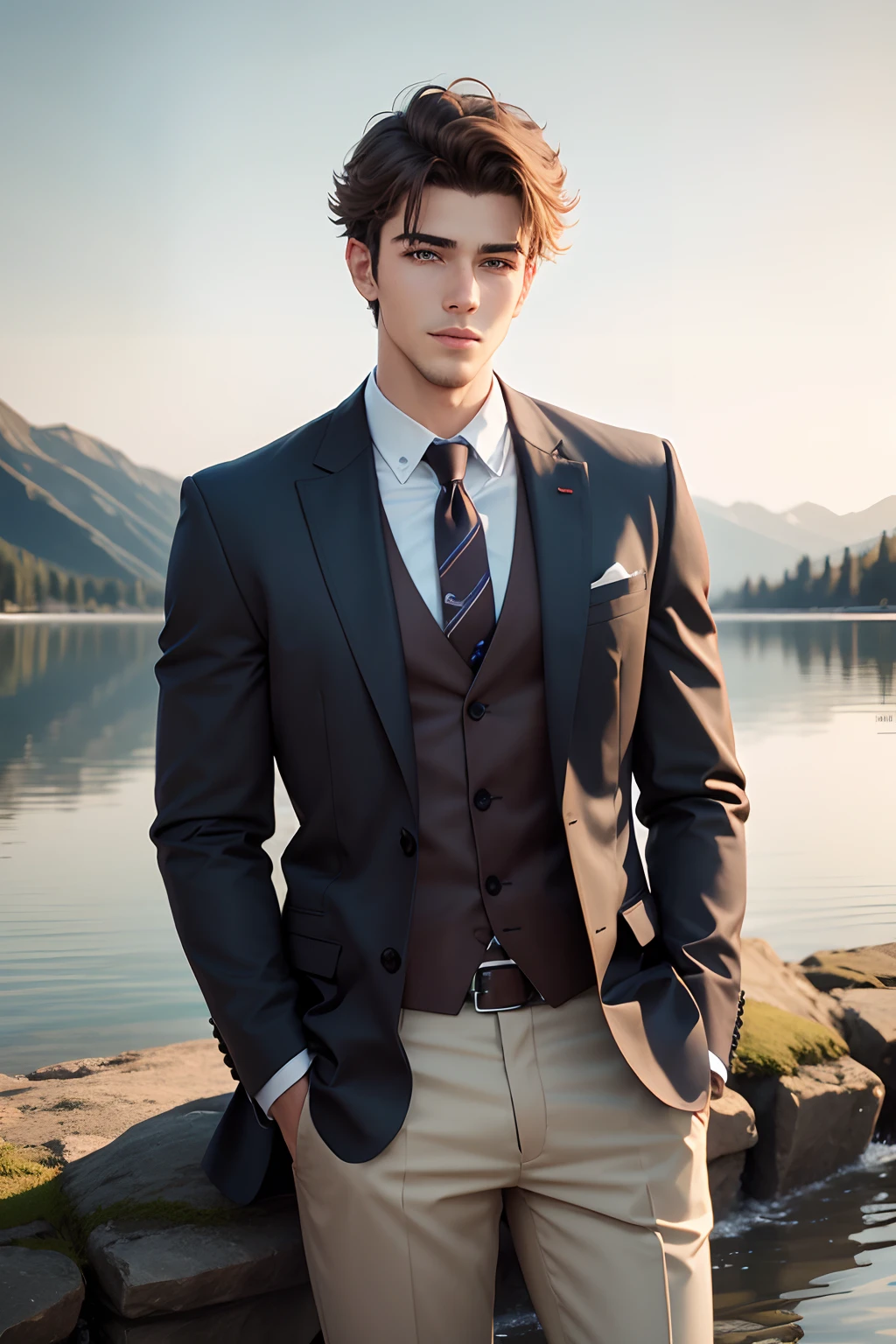 Handsome young man on the shore of the lake