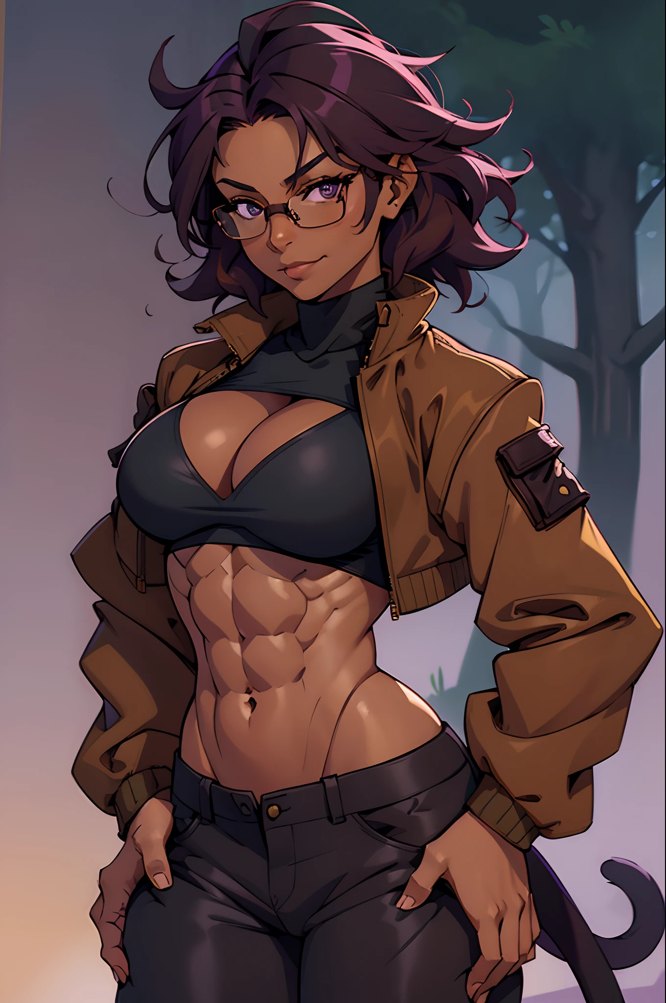 Solo, female, black turtleneck tunic, fantasy outfit, forest, short plum colored hair, wavy hair, messy hair, (dark tan skin), glasses, (cropped chocolate jacket), athletic, slightmuscle, slightly muscular, ((baggy pants)), smirking slightly, purple eyes, cleavage, abs, cat tail, cat ears