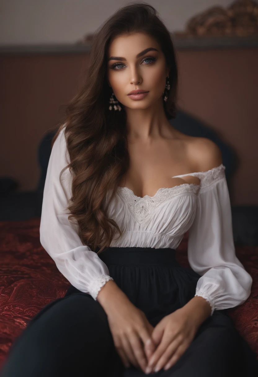 Arafed woman completely , fille sexy aux yeux bruns, grosse poitrine, ultra realist, Meticulously detailed, Portrait Sophie Mudd, cheveux bruns et grands yeux, selfie of a young woman, Dubai Eyes, Violet Myers, sans maquillage, maquillage naturel, looking straight at camera, Visage avec Artgram, Maquillage subtil, Great photo of the whole body kneeling on the bed, dans la chambre, Medium to large bust