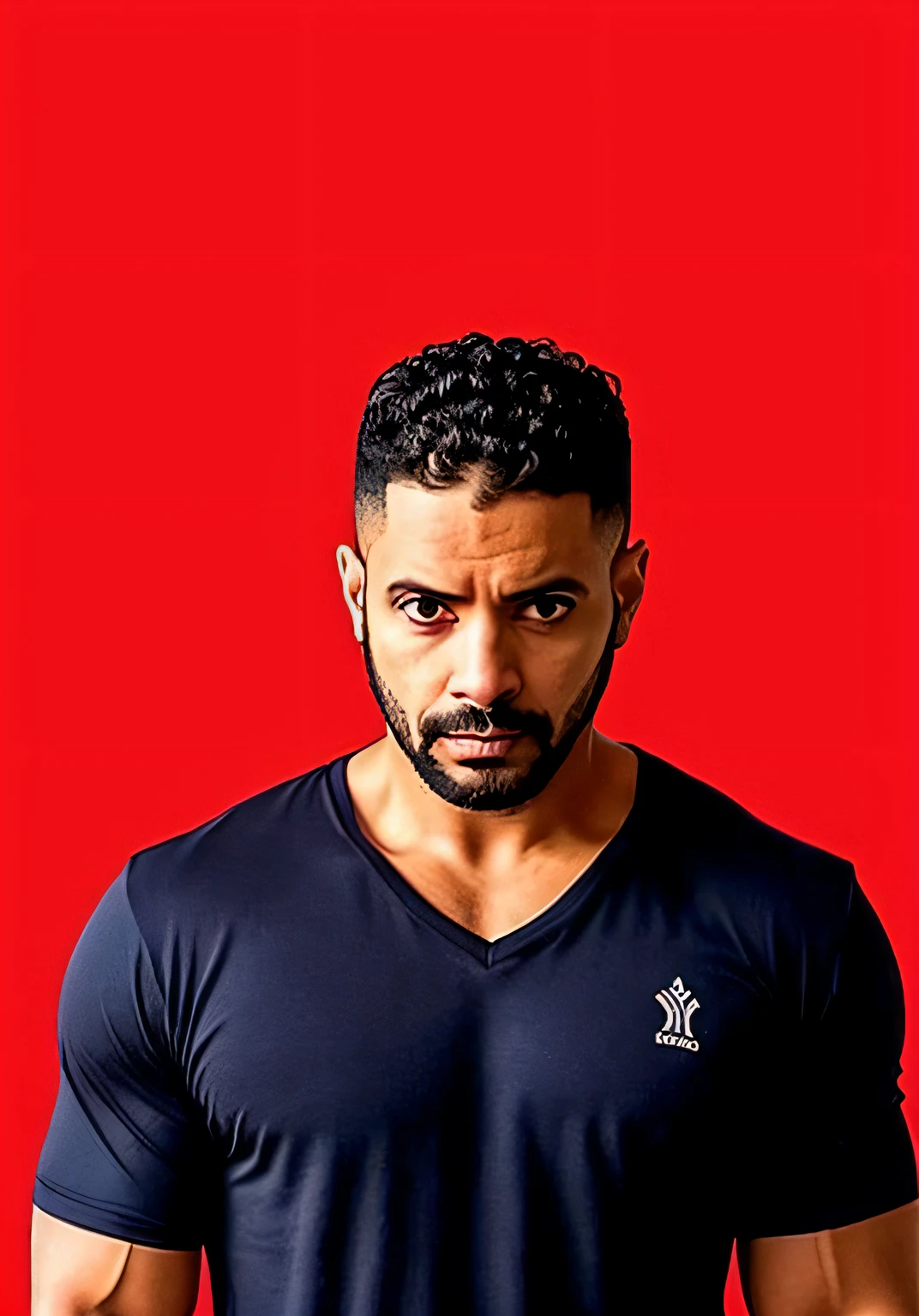 imagem arafed de um homem em uma camisa preta com decote  contra um fundo vermelho, He's wearing a black t-shirt with a V-neck, no fundo vermelho, Directed by: Giorgio Cavallon, Directed by: John Cat, Raphael Personnaz, Directed by: Alejandro Obregon, Ricardo Milos, FOTO OFICIAL, imagem promocional, solid background, Directed by: Juan Carlos Stekelman