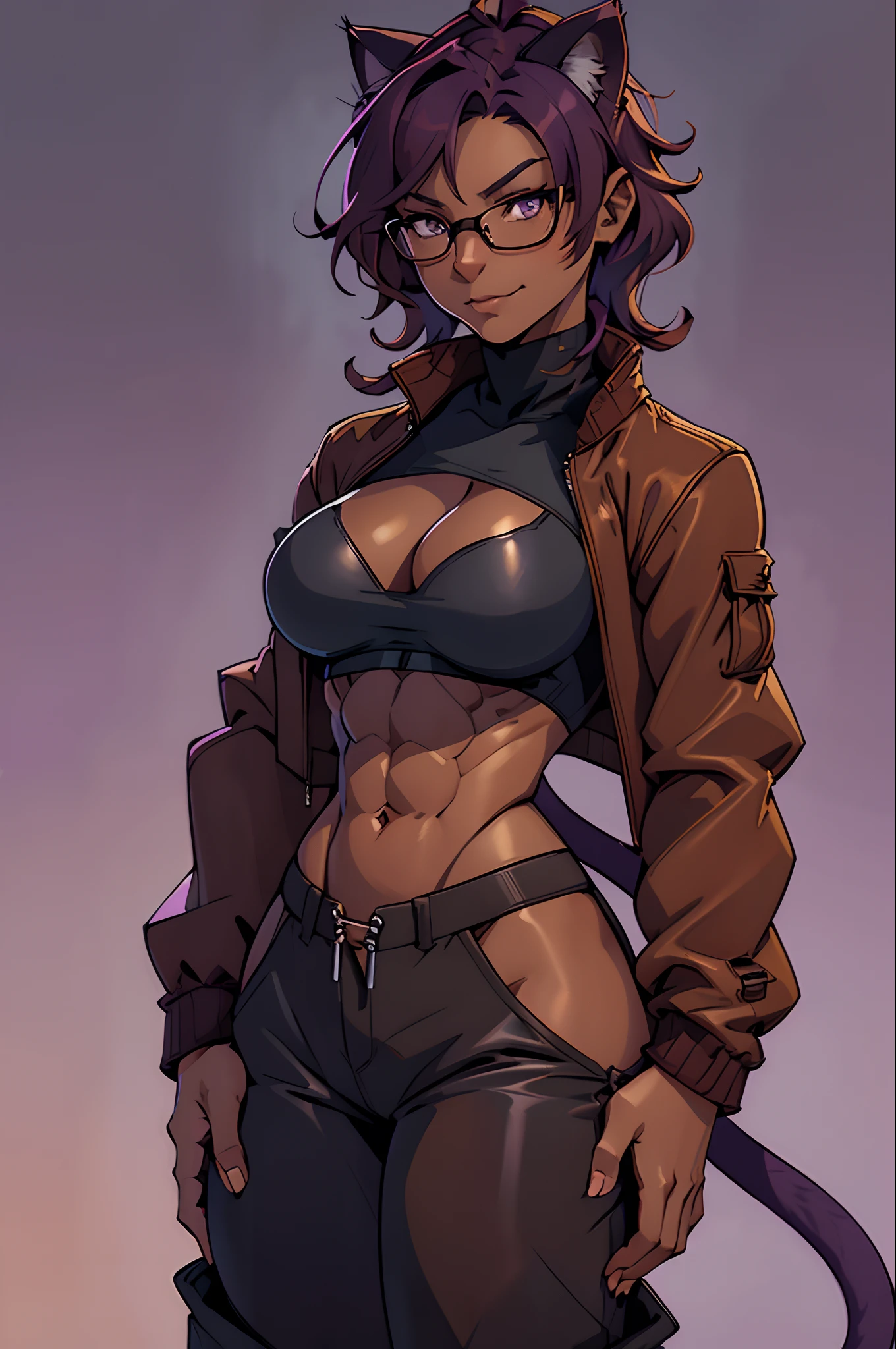 Solo, female, black turtleneck tunic, fantasy outfit, forest, short plum colored hair, wavy hair, messy hair, (dark tan skin), glasses, (cropped chocolate jacket), athletic, slightmuscle, slightly muscular, ((baggy pants)), smirking slightly, purple eyes, cleavage, abs, (((cat tail, cat ears)))
