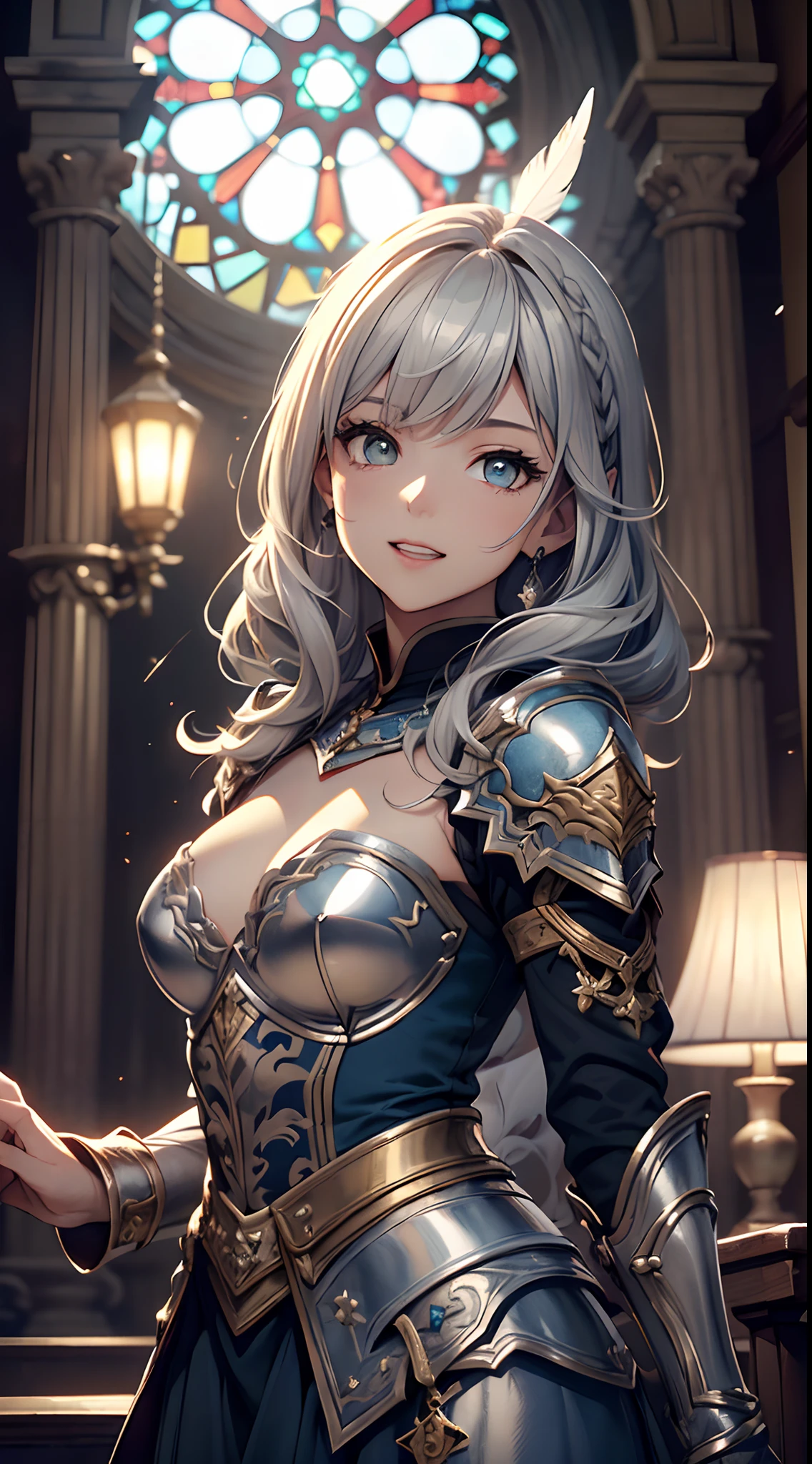 (Official art、Best Quality、Unity 8k Wallpapers、32K、masterpiece、ultra-detailliert、超A high resolution、realisitic、Photorealsitic、Very ridiculous:1.2)、(Cinematic lighting:1.2)、Fireglow effect、film grains、Best Shadows、sideshot、sideways Facing、Rim lighting、side lights、(Ultra-detailed and complex 3D rendering)、Detailed beautiful face and eyes、Sharp pupils、Realistic pupils、A slender、1Man Woman、Medium bust、(cowboy shot:1.2)、 beauitful face、-yeld beiful girl、(super detailed skin、detailed skin textures:1.3)、(silver blond、Blue-silver hair:1.3)、Paladin、Longhaire、Blunt bangs、Green eyes、3 braids in 1 bunch、(Blue Armor、Blue Boots、Blue helmet、Jeweled、Gold embroidery)、A slender、Maxi skirt、(thighs thighs thighs thighs:0.8)、(chies、in a house、Artistic stained glass、Large pipe organ、crosses、Hello Point、Mystical、a lot of feathers float、angelicales、Particles of light、solemnity、Sunlight is、colourfull、Fantastical:1.2)、(Fantastical:1.3)、(sideways Facing、Prayer、maidennurse:1.4)、(Looking away、Looking Up:1.3)、Fantastical、Smile with open mouth