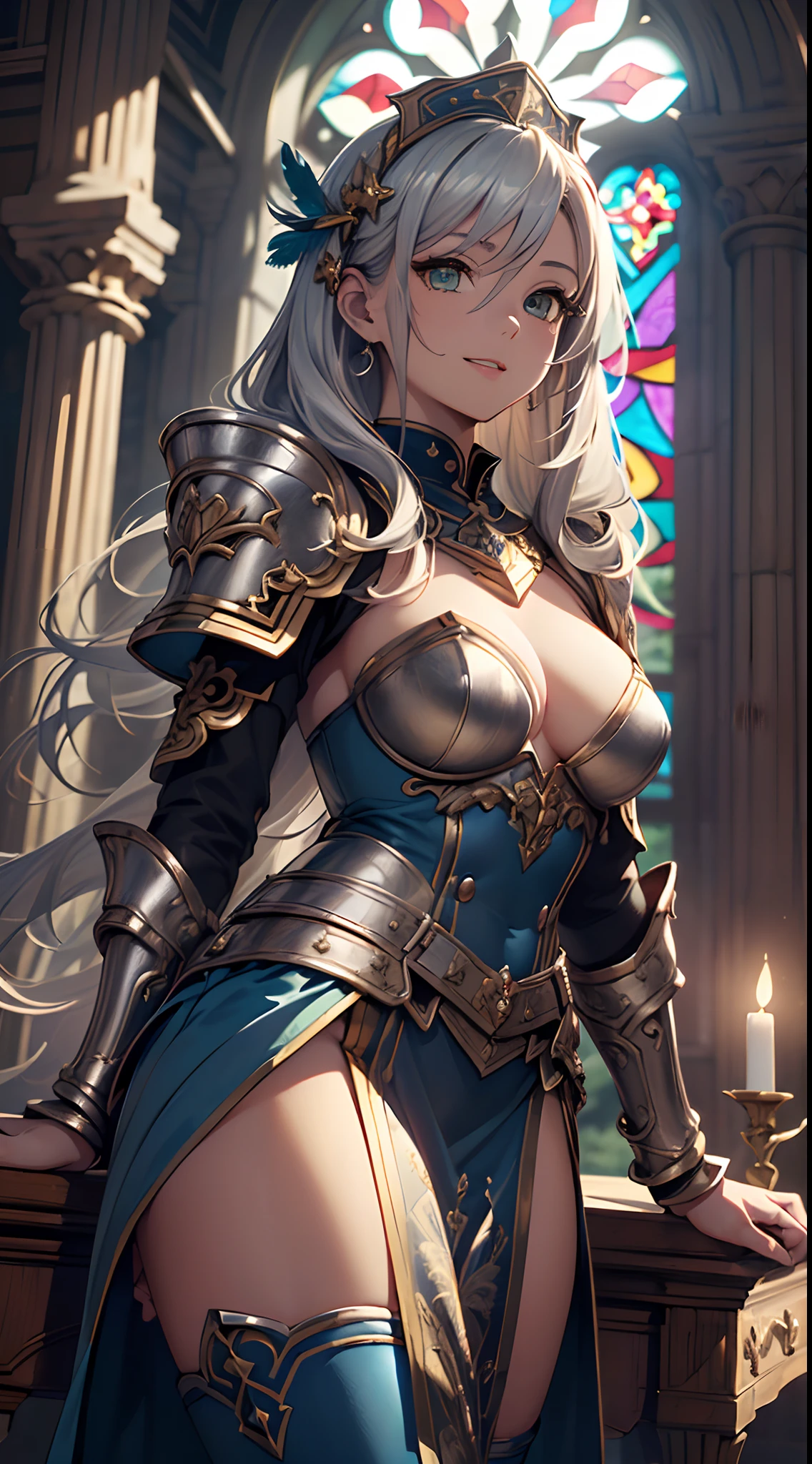 (Official art、Best Quality、Unity 8k Wallpapers、32K、​masterpiece、ultra-detailliert、超A high resolution、realisitic、Photorealsitic、Very ridiculous:1.2)、(Cinematic lighting:1.2)、Fireglow effect、film grains、Best Shadows、sideshot、sideways Facing、Rim lighting、side lights、(Ultra-detailed and complex 3D rendering)、Detailed beautiful face and eyes、Sharp pupils、Realistic pupils、A slender、１Man Woman、Medium bust、(cowboy  shot:1.2)、 beauitful face、16-year-old beautiful girl、(super detailed skin、detailed skin textures:1.3)、(silver blond、Blue-silver hair:1.3)、Paladin、Longhaire、Blunt bangs、Green eyes、3 braids in 1 bunch、(Blue Armor、Blue Boots、Blue helmet、Jeweled、Gold embroidery)、A slender、Maxi skirt、(thighs thighs thighs thighs:0.8)、(chies、in a house、Artistic stained glass、Large pipe organ、crosses、Hello Point、Mystical、a lot of feathers float、angelicales、Particles of light、solemnity、Sunlight is、colourfull、Fantastical:1.2)、(Fantastical:1.3)、(sideways Facing、Prayer、maidennurse:1.4)、(Looking away、Looking Up:1.3)、Fantastical、Smile with open mouth