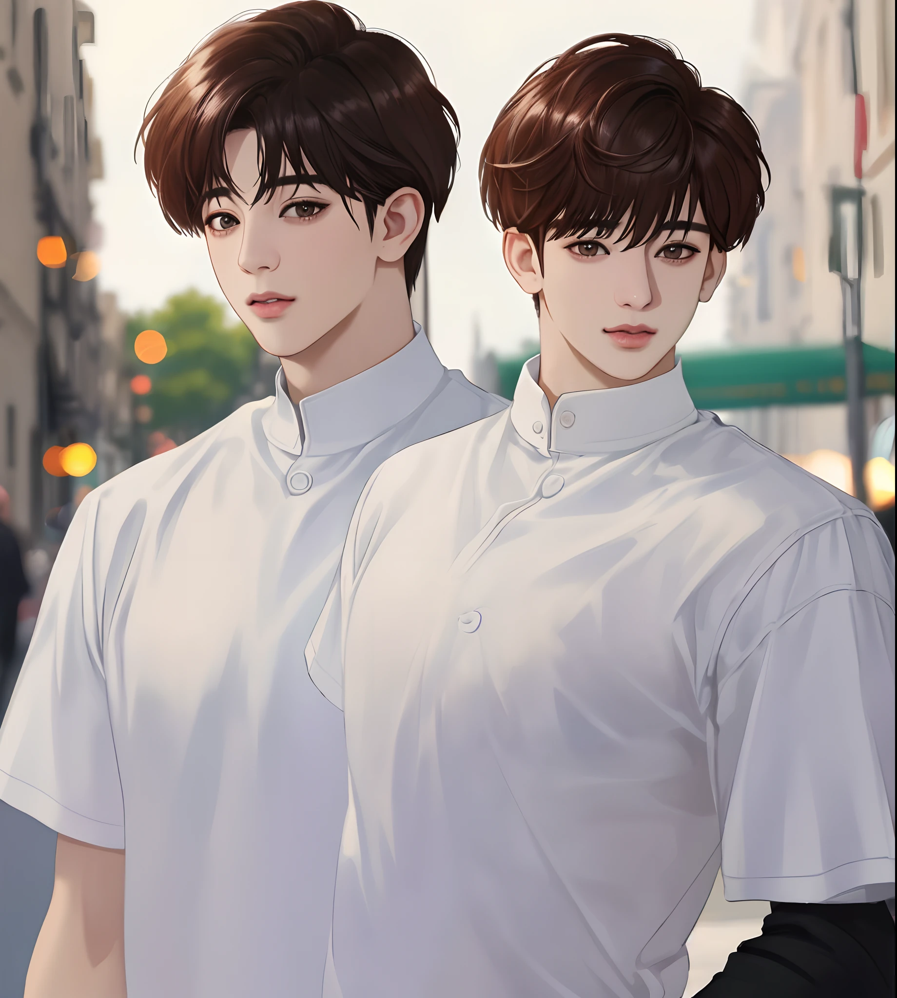 Jungkook, Happy, Perfect Quality, Clear Focus (Untidy - Home: 0.8), (Masterpiece: 1.2) (Realistic: 1.2) (Bokeh) (Top Quality) (Detail Skin: 1.3) (Intricate Detail) (8K) (Detail Eye) (Sharp Focus), (Happy) Full Body, Clean Background, Long Field Composition, 85MM Shot, Muscle, Masculine,1boy, Paris streets,shirts,no beard, wear white t shir (Jungkook)