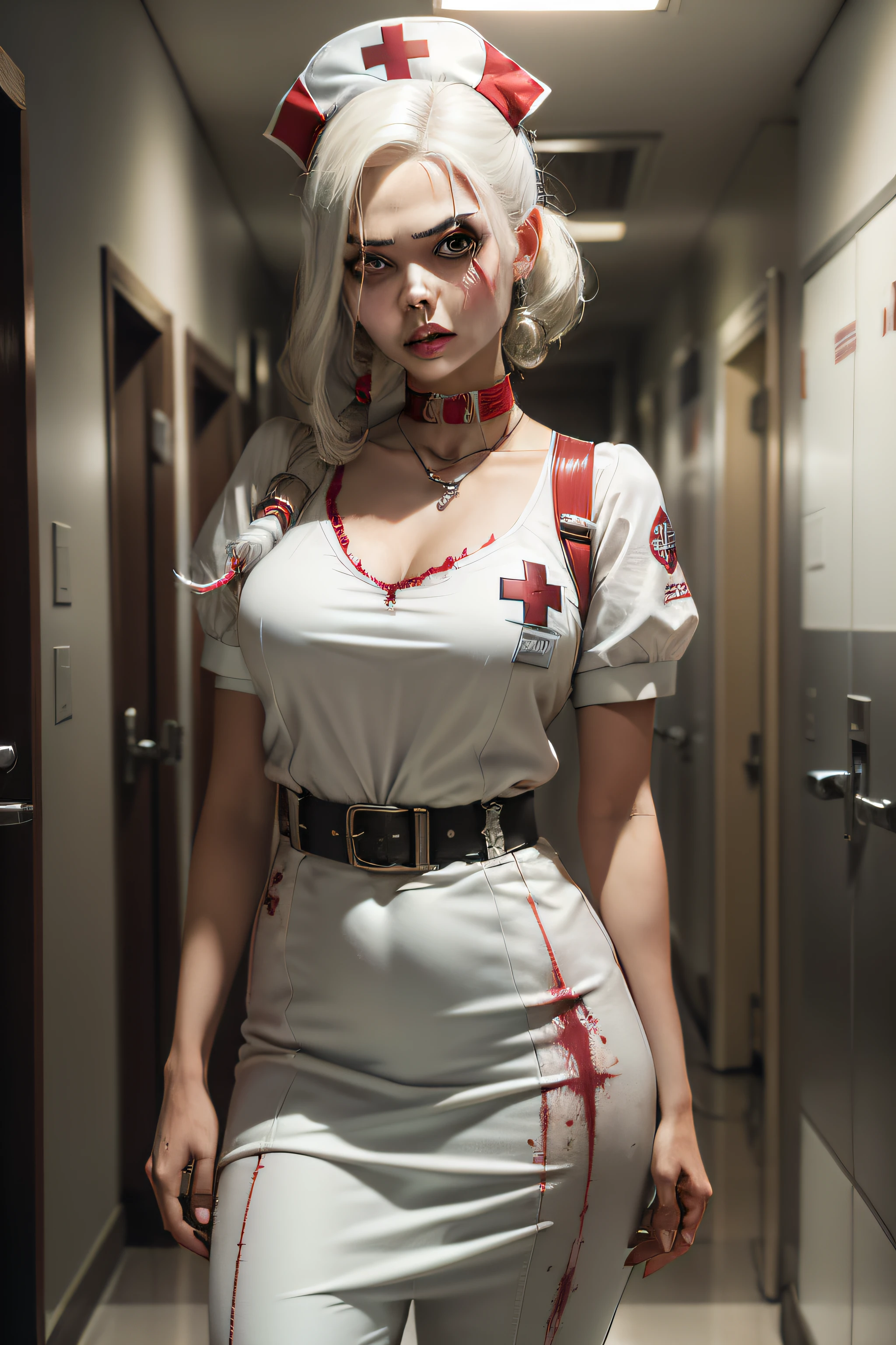 "Personagem da Arlequina do filme Zombie clasic Nurse Suicide Squad" (roupa enfermeira classica de branco em um hospital muito sangue no local lugar repleto de sangue)