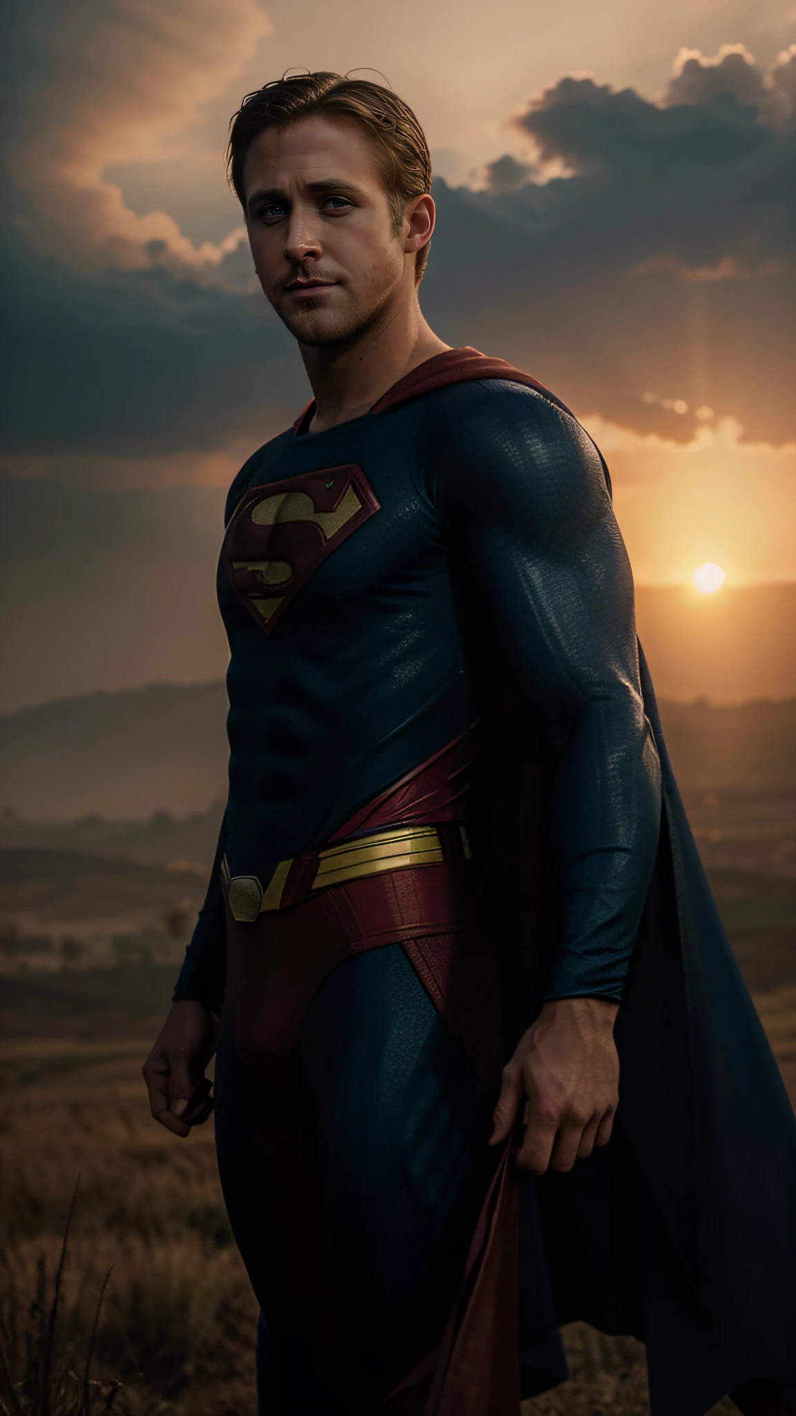 ryan gosling is superman, stunning scenery, surreal lighting, extremely extravagant lighting, vivid color, beautiful scenery, afternoon, natural, sunset, sun shining hidden