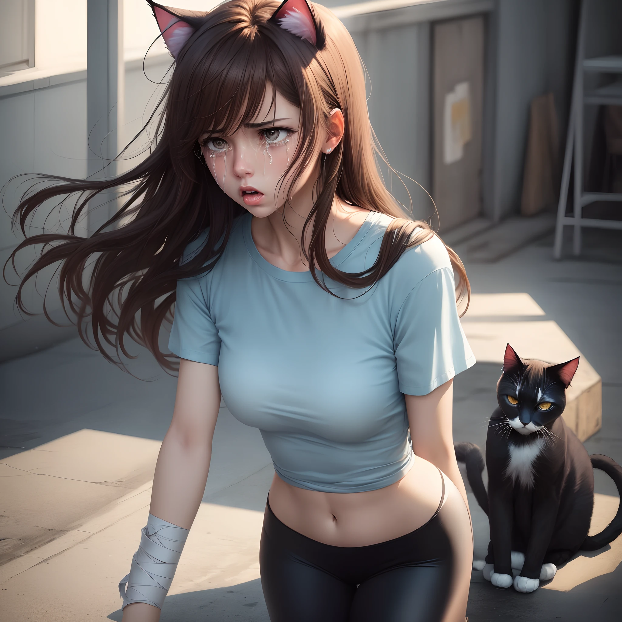 Make an image of a crying female. Angel. Has brown hair, cat ears, halo. Wears light blue shirt, black leggings, has bandages on her arms. Crying. Anime style. Depressing Background.