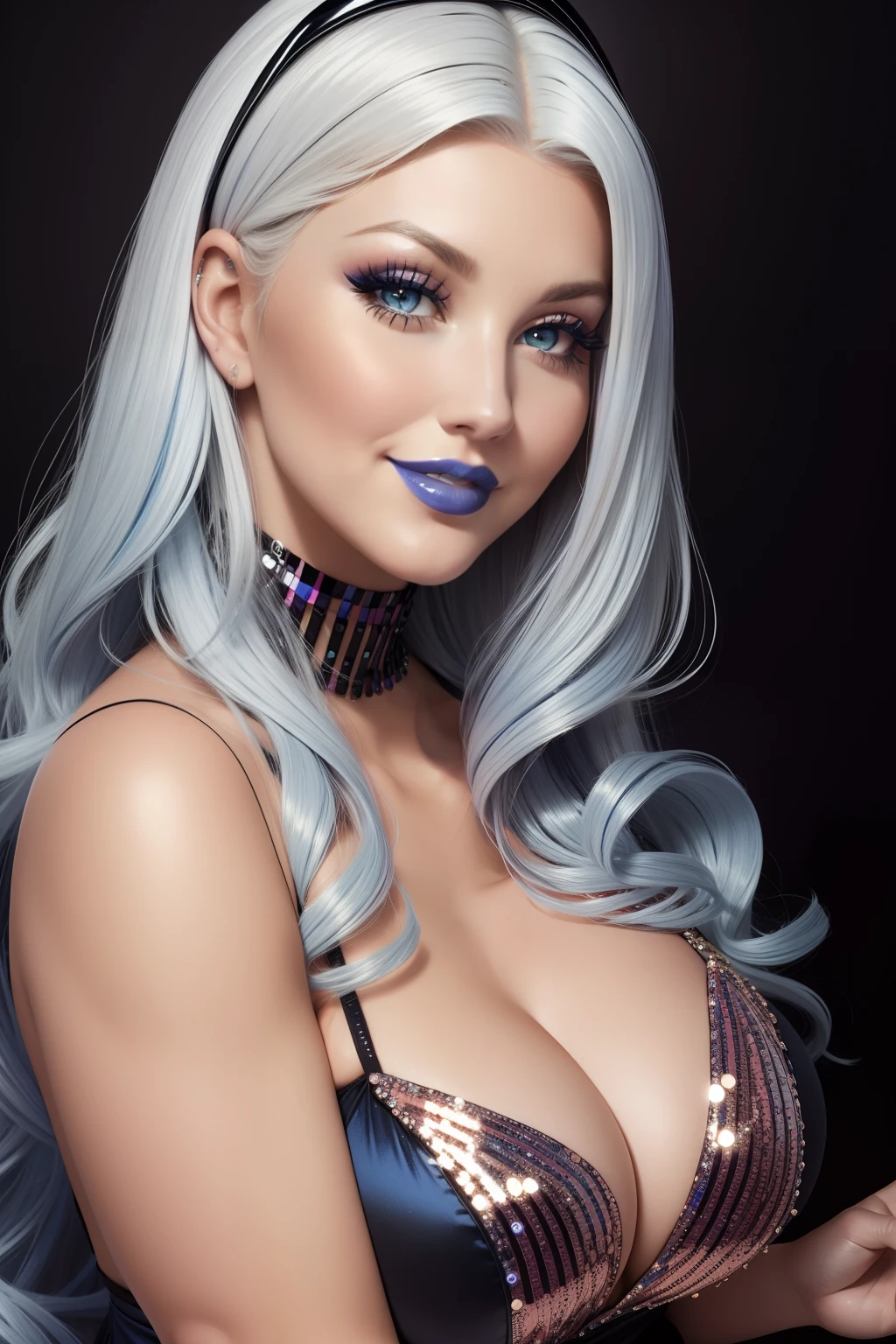 Lucy Pinder, Face portrait, face, blue lipstick, smiling, cleavage, platinum hair, long hair, sequin dress, black dress, very chubby woman, Christina Aguilera.
