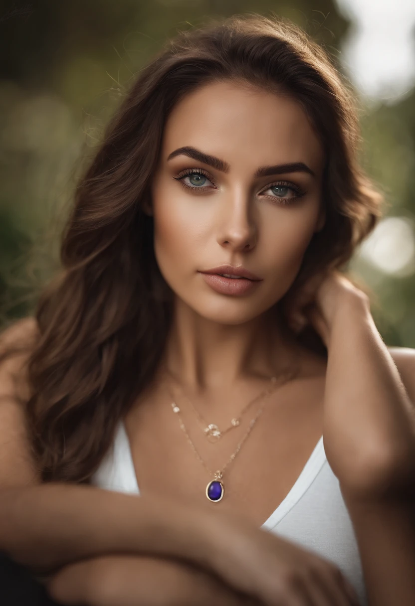 Arafed woman with a white tank top and necklace, fille sexy aux yeux verts, Portrait Sophie Mudd, cheveux bruns et grands yeux, selfie of a young woman, Yeux de chambre, Violet Myers, sans maquillage, maquillage naturel, looking straight at camera, Visage avec Artgram, Maquillage subtil, Superbe photo du corps entier, piercing green eyes, Bel angle, pose attrayante, fille mignonne, sexy pose, Image du corps entier, corps entier, Prise de vue du corps entier, brunette goddess, High detail, pose satisfaite, Pantalon en cuir