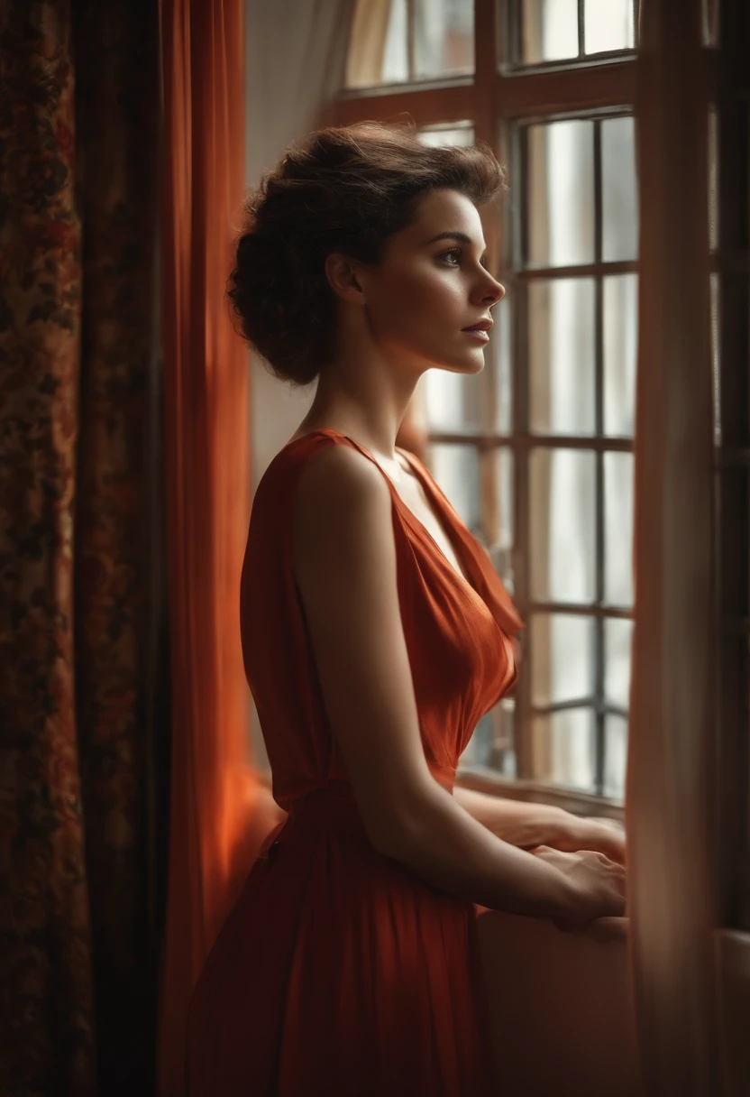 Femme brune, cheveux long, avec une grosse poitrine, in a standing room next to a large window