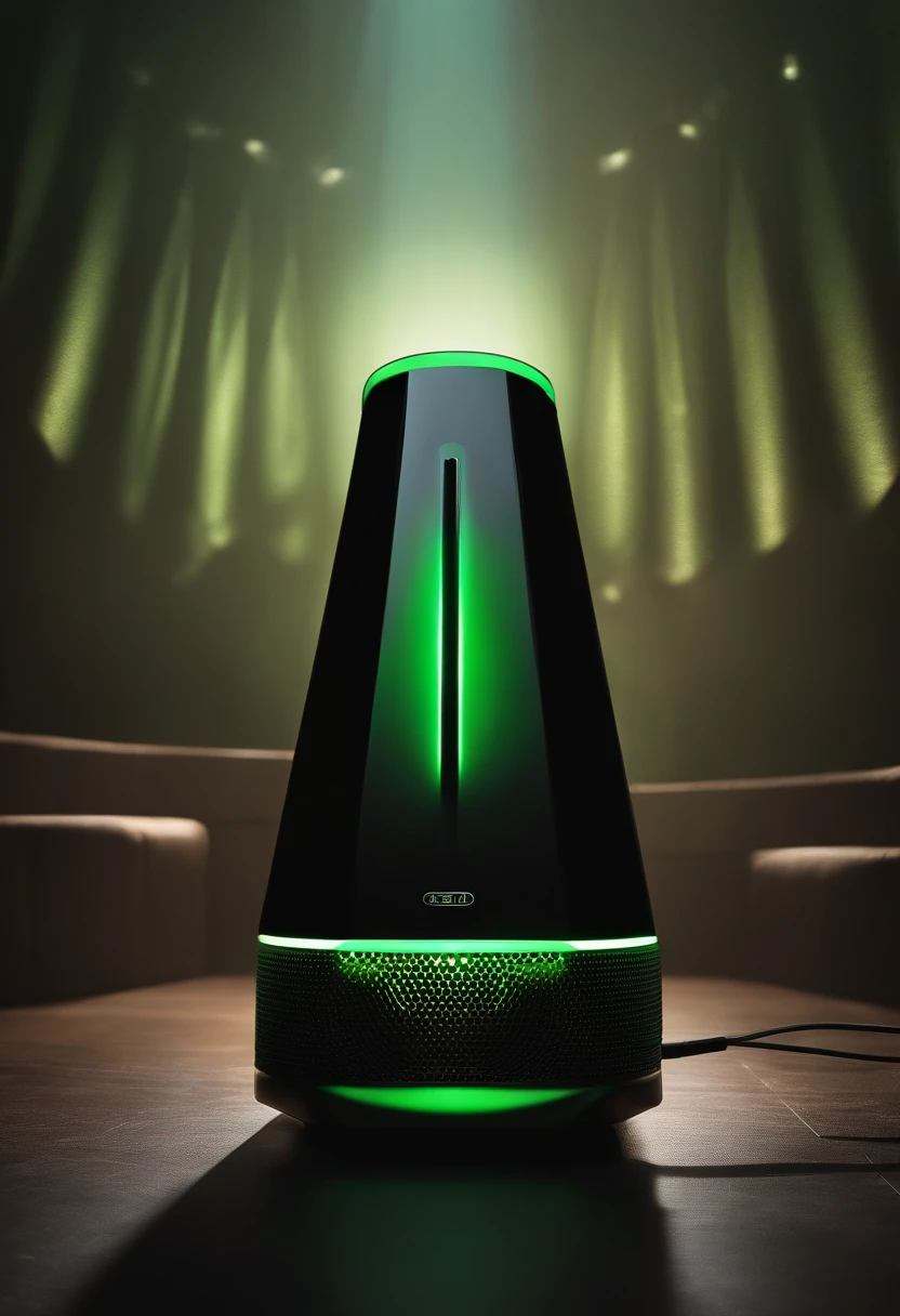 A black portable speaker with a green light on top, an album cover by Josef Dande, tumblr, Art deco, Altavoces, tecno, giga, 4 0 MP, 40MP, Rgb, mystical setting, Altavoces de escenario, Very dynamic, SBT, pulsar, 8K H- 640, album art, color