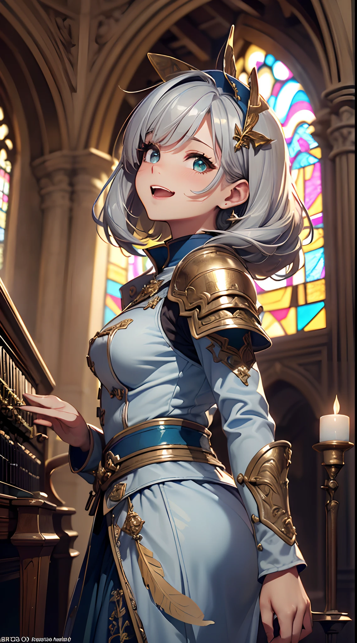 (Official art、Best Quality、Unity 8k Wallpapers、32K、masterpiece、ultra-detailliert、超A high resolution、realisitic、Photorealsitic、Very ridiculous:1.2)、(Cinematic lighting:1.2)、Fireglow effect、film grains、Best Shadows、sideshot、sideways Facing、Rim lighting、side lights、(Ultra-detailed and complex 3D rendering)、Detailed beautiful face and eyes、Sharp pupils、Realistic pupils、A slender、1Man Woman、Medium bust、(cowboy shot:1.2)、 beauitful face、16-year-old beautiful girl、(super detailed skin、detailed skin textures:1.3)、(silver blond、Blue-silver hair:1.3)、Paladin、Longhaire、Blunt bangs、Green eyes、3 braids in 1 bunch、(Blue Armor、Blue Boots、Blue helmet、Jeweled、Gold embroidery)、A slender、Maxi skirt、(thighs thighs thighs thighs:0.8)、(chies、in a house、Artistic stained glass、Large pipe organ、crosses、Hello Point、Mystical、a lot of feathers float、angelicales、Particles of light、solemnity、Sunlight is、colourfull、Fantastical:1.2)、(Fantastical:1.3)、(sideways Facing、Prayer、maidennurse:1.4)、(Looking away、Looking Up:1.3)、Fantastical、Smile with open mouth